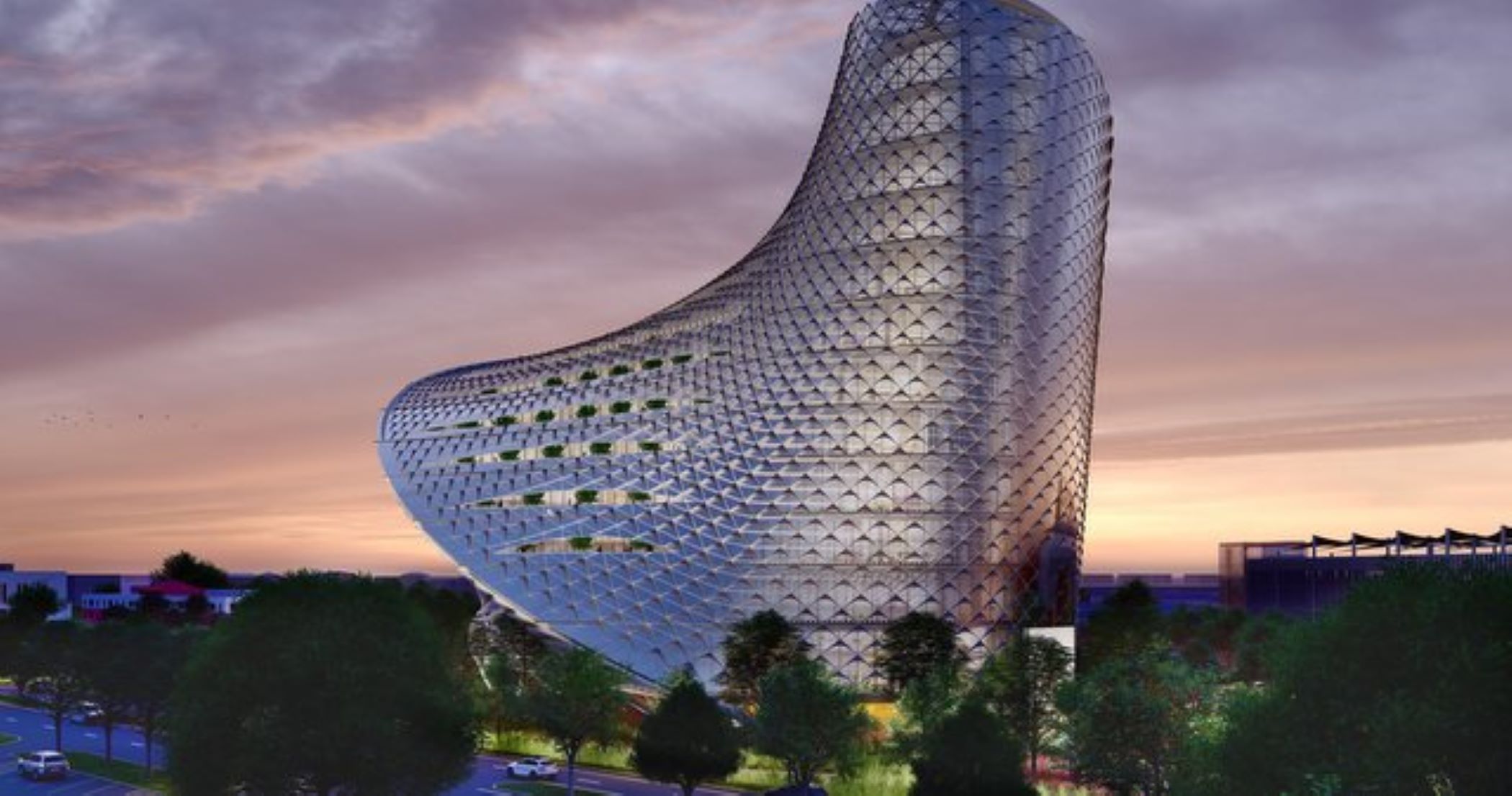 The initial design of a proposed office tower at Port San Antonio. (Port San Antonio/Pelli Clarke & Partners)