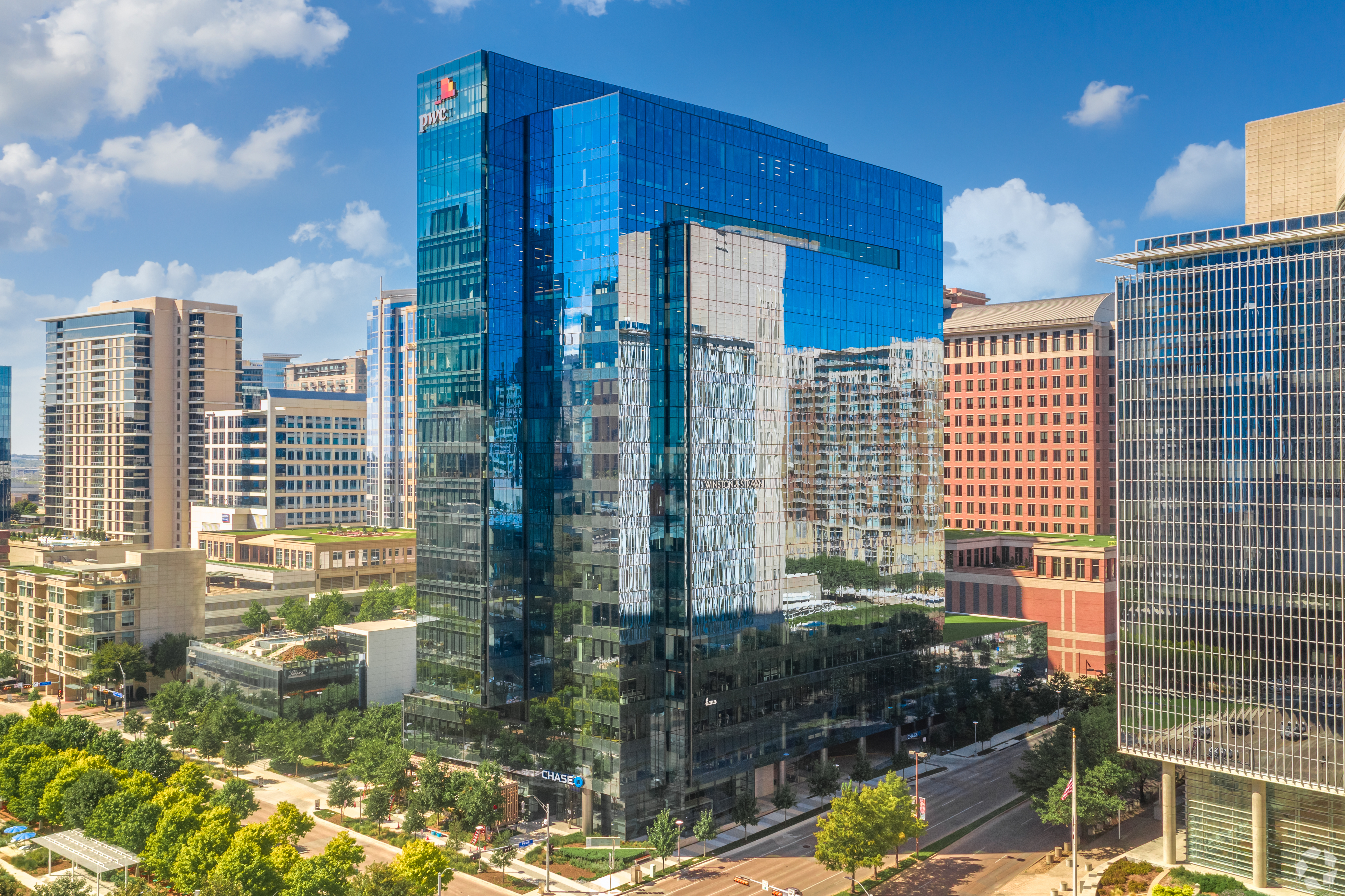 Brookfield Properties opened an office in Dallas nearly four years ago at PwC Tower (pictured here) adjacent to Klyde Warren Park in Uptown. CBRE's Dallas headquarters is just behind the office tower. (CoStar)