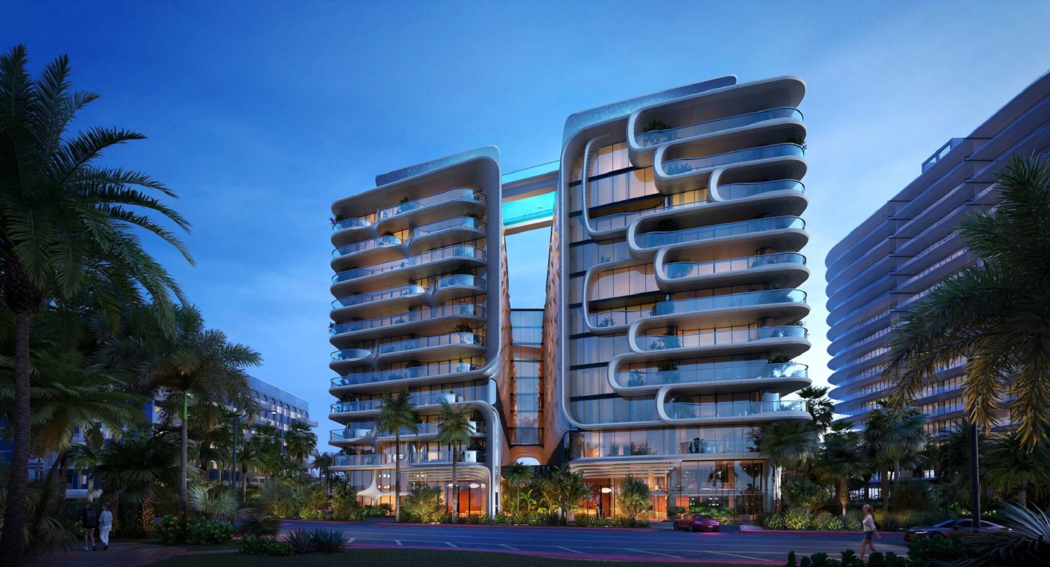 One of the proposed designs for Damac Properties' condos on the site of the Surfside condo collapse near Miami includes a rooftop swimming pool with a glass floor connecting the two towers. (Damac Properties)
