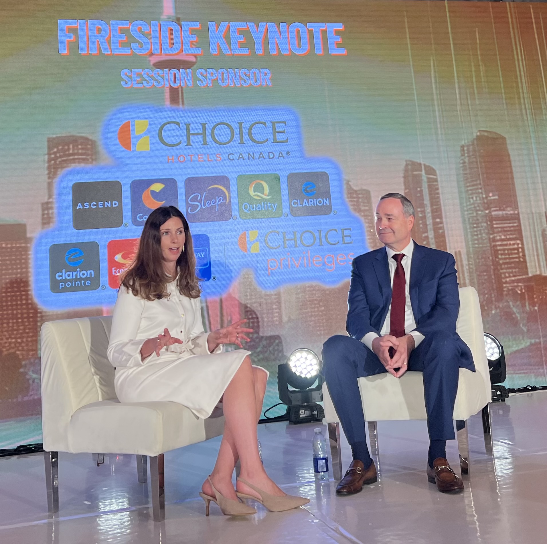 Beth McMahon of the Hotel Association of Canada interviews Patrick Pacious, president and CEO of Choice Hotels International. (Garry Marr/CoStar)
