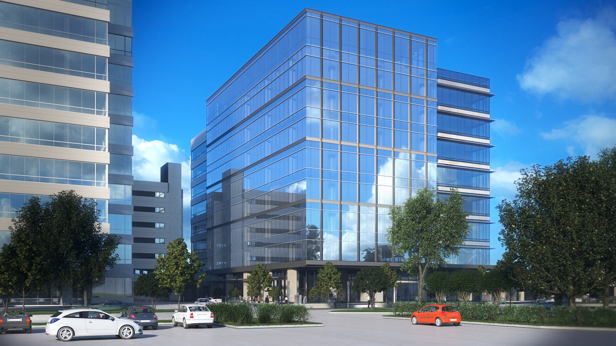 Town Centre Two's main lobby will be two levels tall and clad in stone and wood accenting. (Courtesy of Moody Rambin)