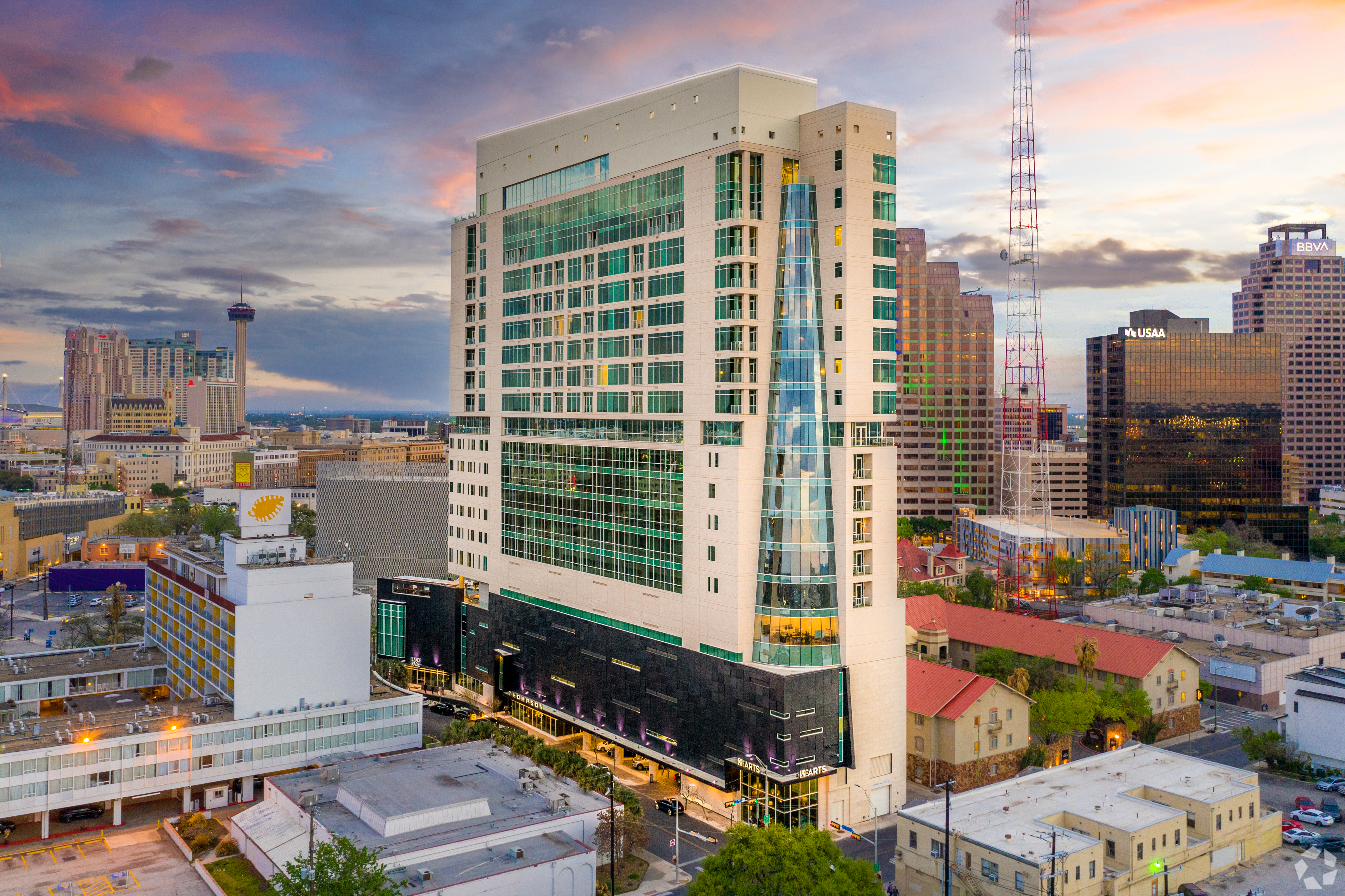 The Thompson Hotel in San Antonio is a 20-story, 162-room upscale property within a larger mixed-use development. (CoStar)