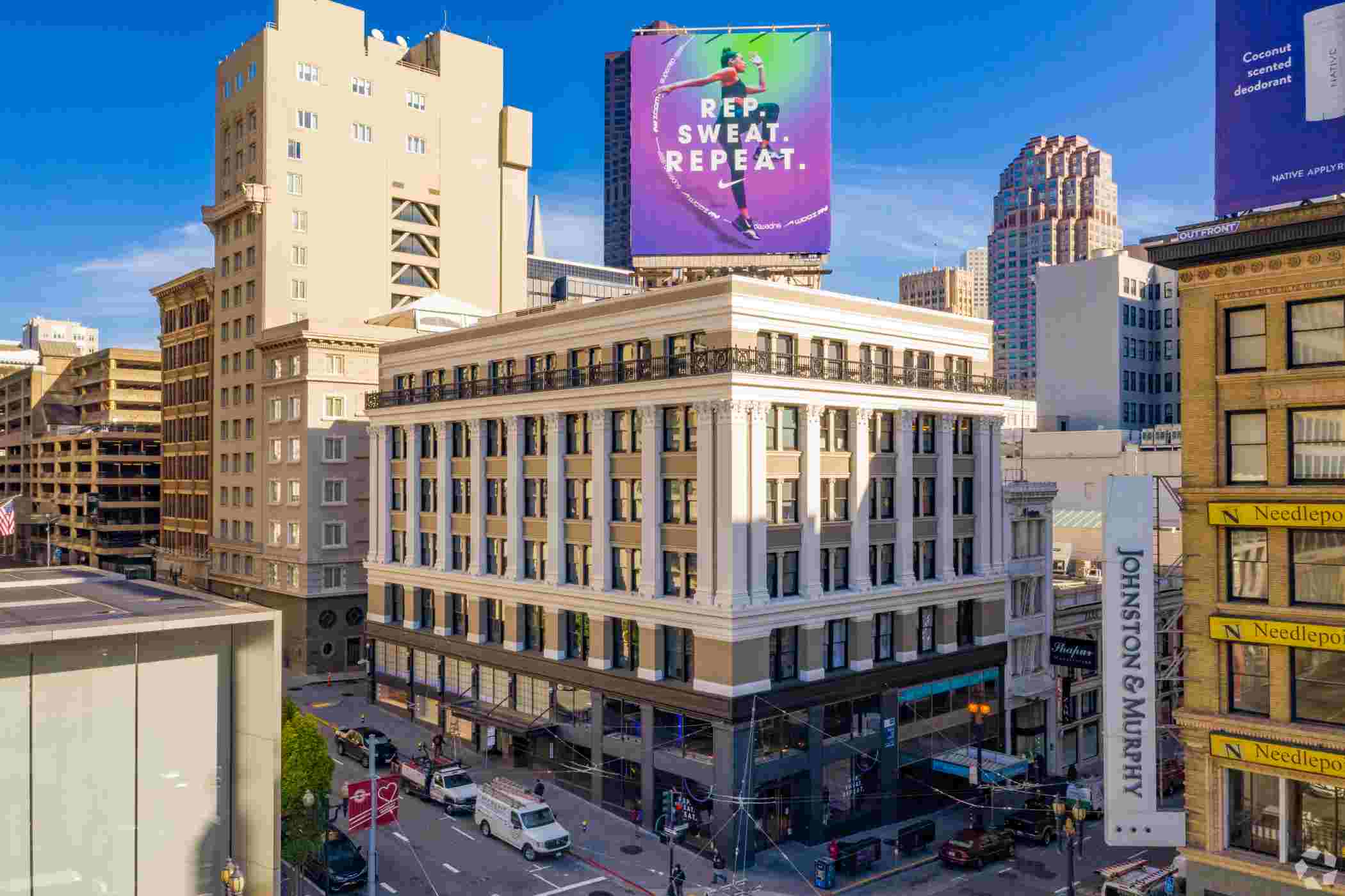 Nike plans to celebrate the NBA All-Star Game by covering the entire building at 278 Post Street in Union Square with 13 banners and the tagline 