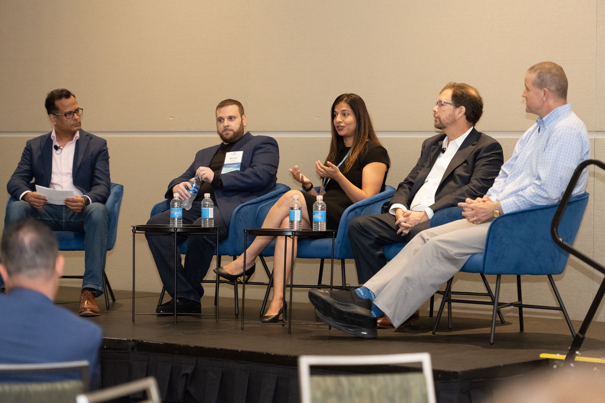 From left: RateGain’s Chinmai Sharma, Hyatt’s Michael Klein, Pyramid Global’s Priya Chandnani, IHG’s Jeff Garber and Cornell’s Dave Roberts speak at the 2022 Revenue Optimization Conference Americas. (Proshots Event Photography/HSMAI)