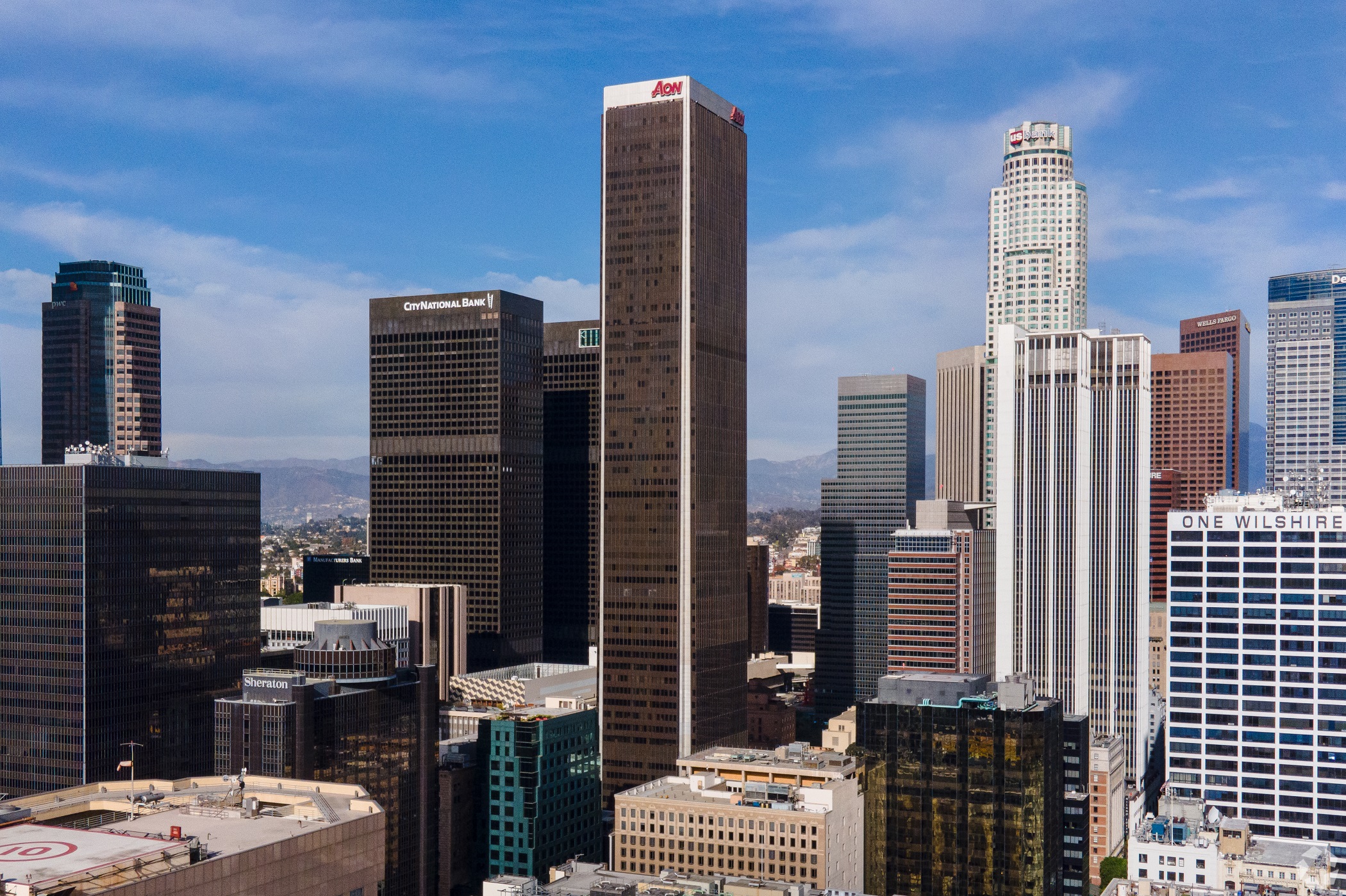 The 62-story Aon Center is located at at 707 Wilshire Blvd. in downtown Los Angeles. The skyscraper is the third-tallest building downtown. (CoStar) 