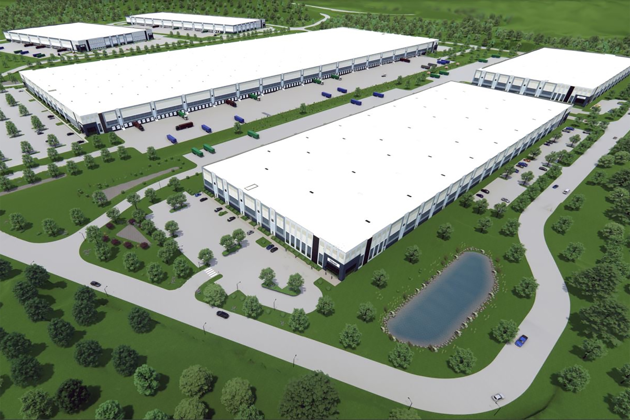 A rendering depicts the original plan for Hartz Mountain Industries' five warehouses in Roxbury, New Jersey. (Hartz Mountain Industries)
