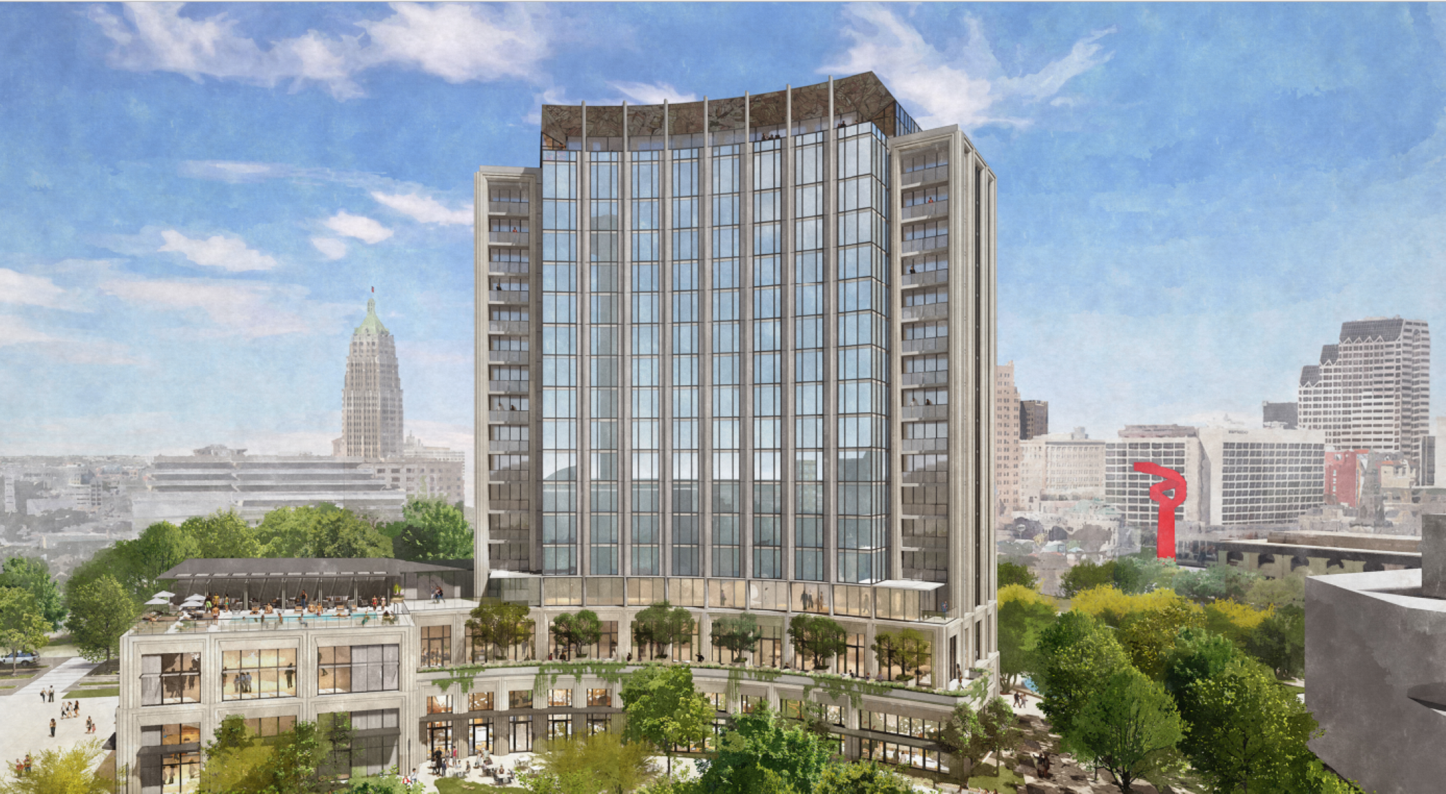 An artist's rendering shows The Monarch San Antonio, part of the Curio Collection by Hilton in downtown San Antonio, Texas. (CoStar)