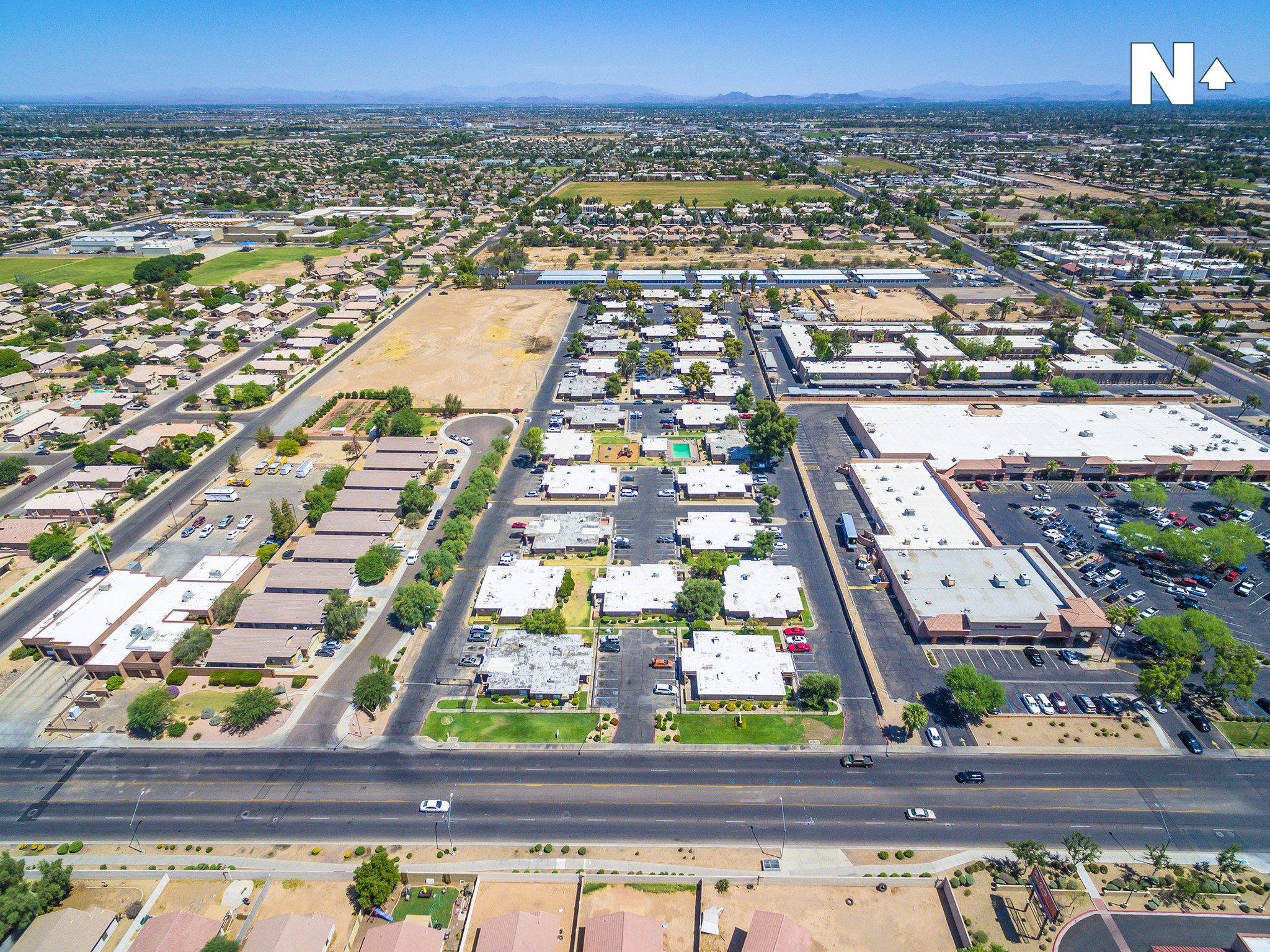 Aerial photo of the 120-unit apartment complexs (at center) acquired by Sunrise Multifamily. Now called Sunrise on Bethany the apartments were built in Glendale in 1974. (CoStar)
