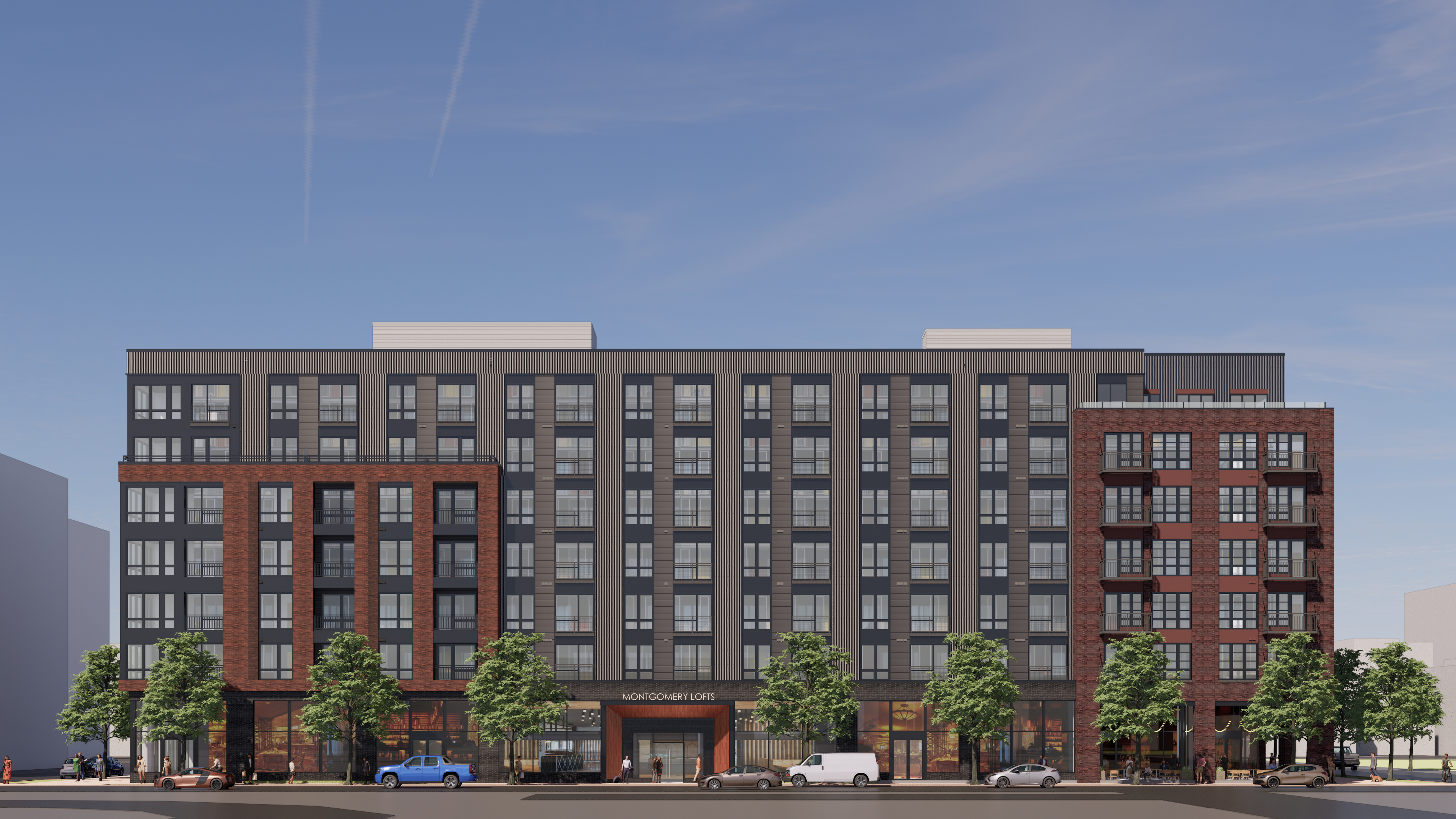 A rendering depicts apartment complex at 425 Montgomery St. in Alexandria, Virginia, that is expected to be completed by late 2026. (Carr Properties)