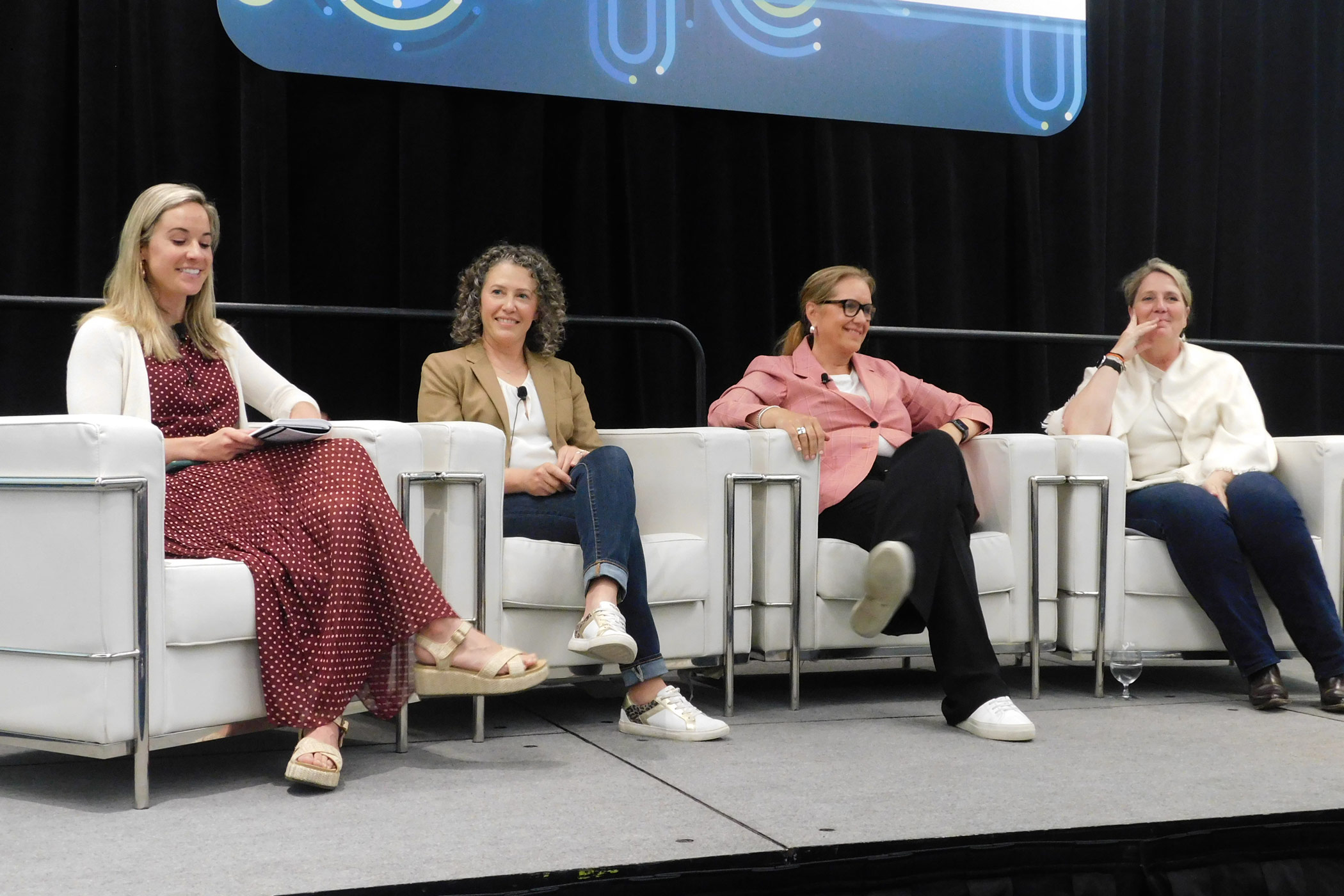 From left: Women Leading Travel & Hospitality's Hannah DeMaio, Aimbridge Hospitality's Keryn McNamara, Marriott International's Laura Pallotta and Hilton's Caroline van Beesten speak at the 2023 HITEC conference in Toronto. (Sean McCracken)