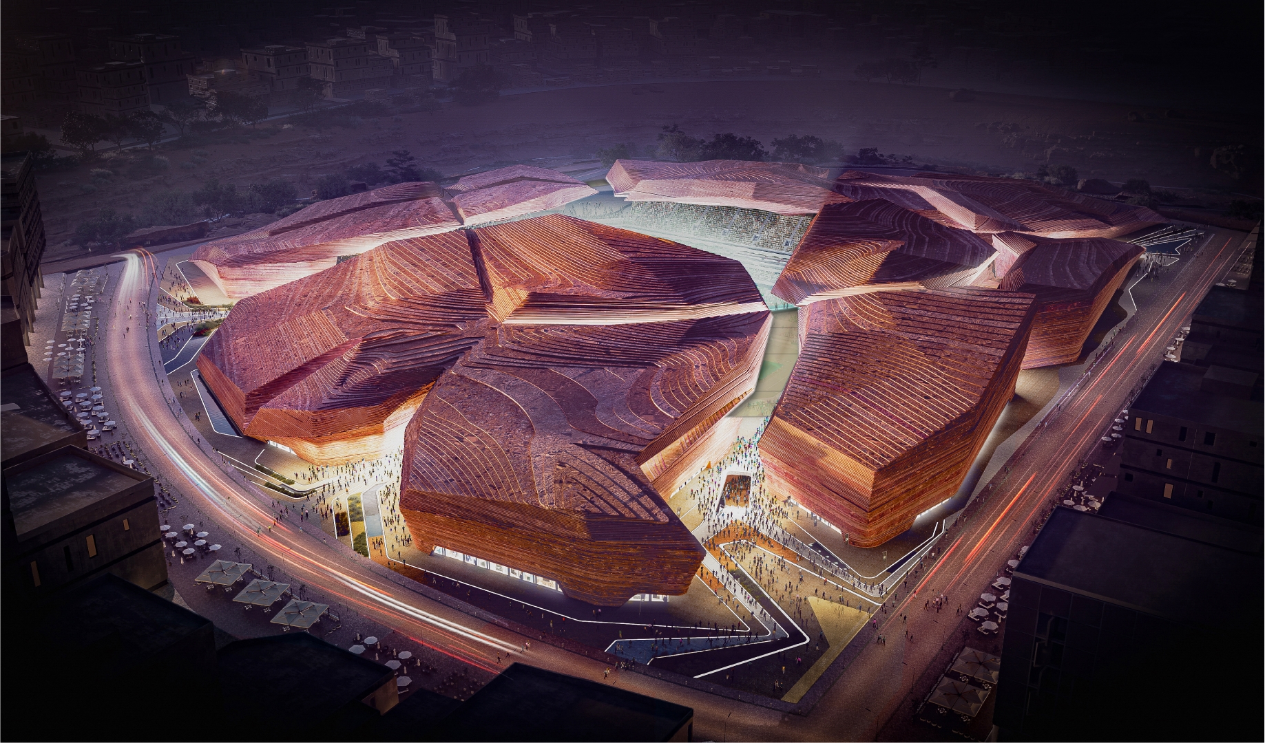 A stadium planned for Saudi Arabia, ahead of soccer's 2034 World Cup, was among several international projects being pitched this week at the MIPIM real estate conference in Cannes, France. (New Murabba Company)