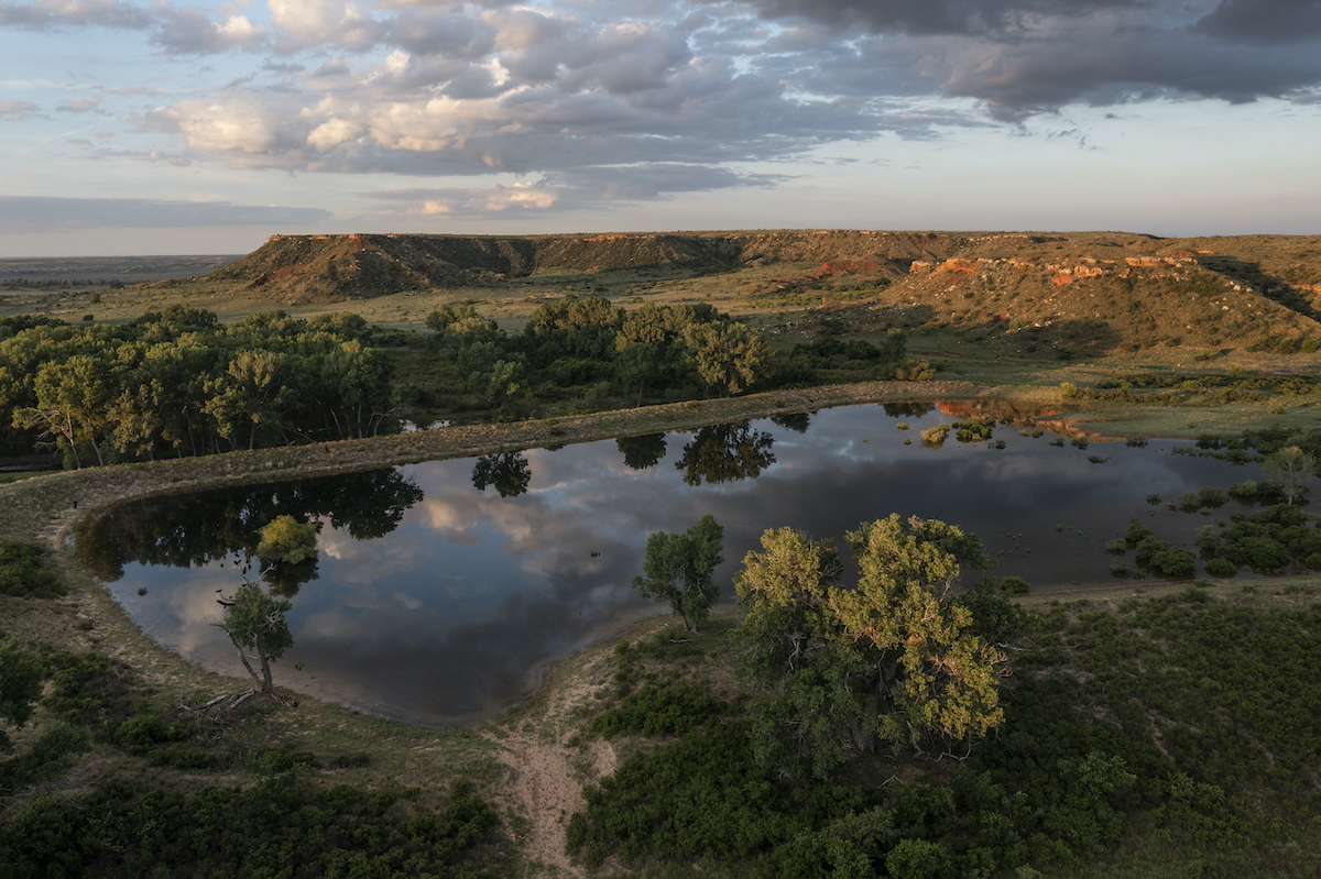 An aerial of the Turkey Track Ranch in the Texas Panhandle that's on the market with a lower price tag of $180 million and a stake in its mineral rights. (Wyman Meinzer for Icon Global)