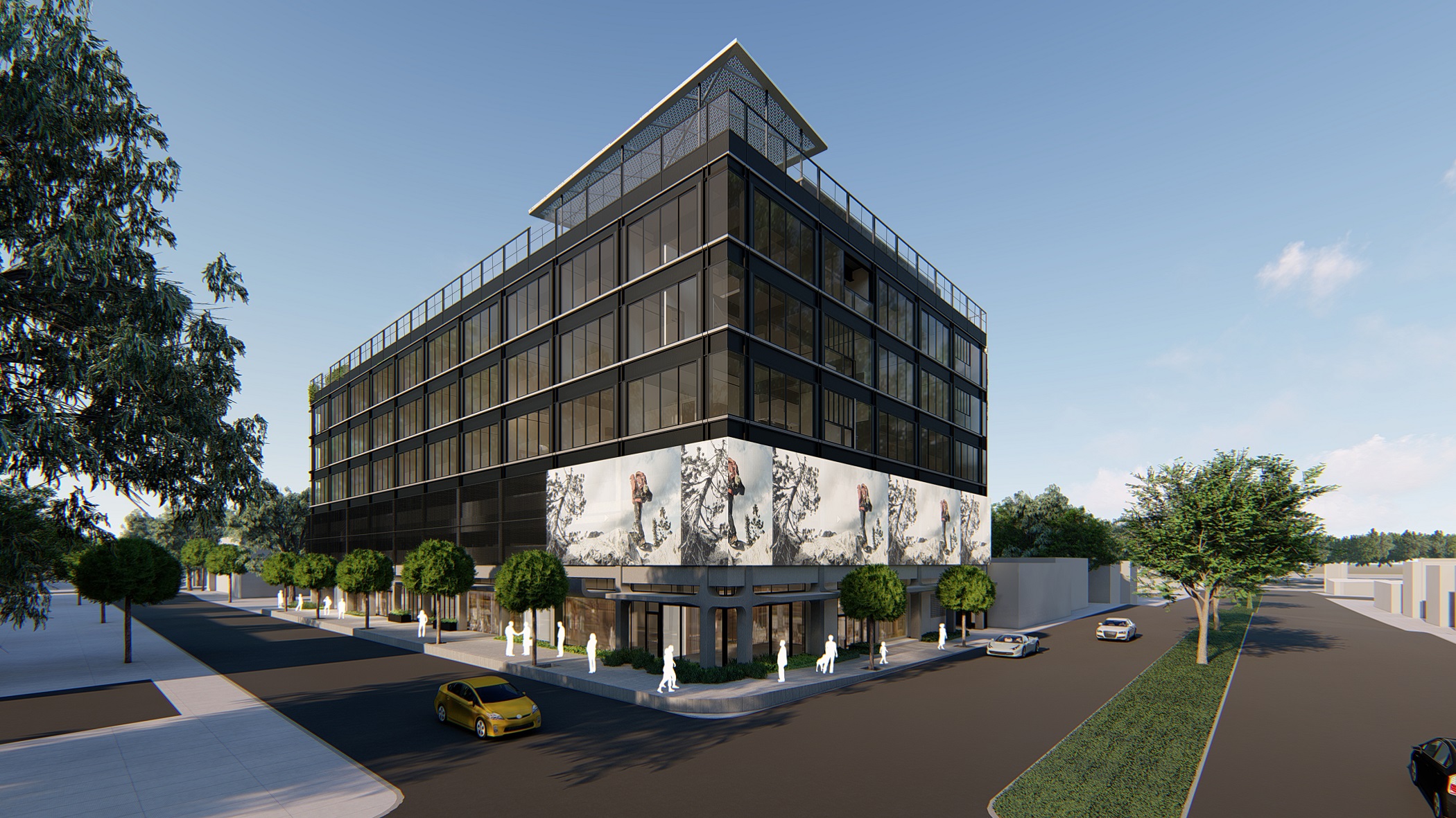 A medical office at 336 E. Hillcrest Blvd. in Inglewood, California, is morphing into apartments, a rooftop events space and a ground-floor restaurant. An advertising banner will ring part of the property's second floor. (Forbix) 