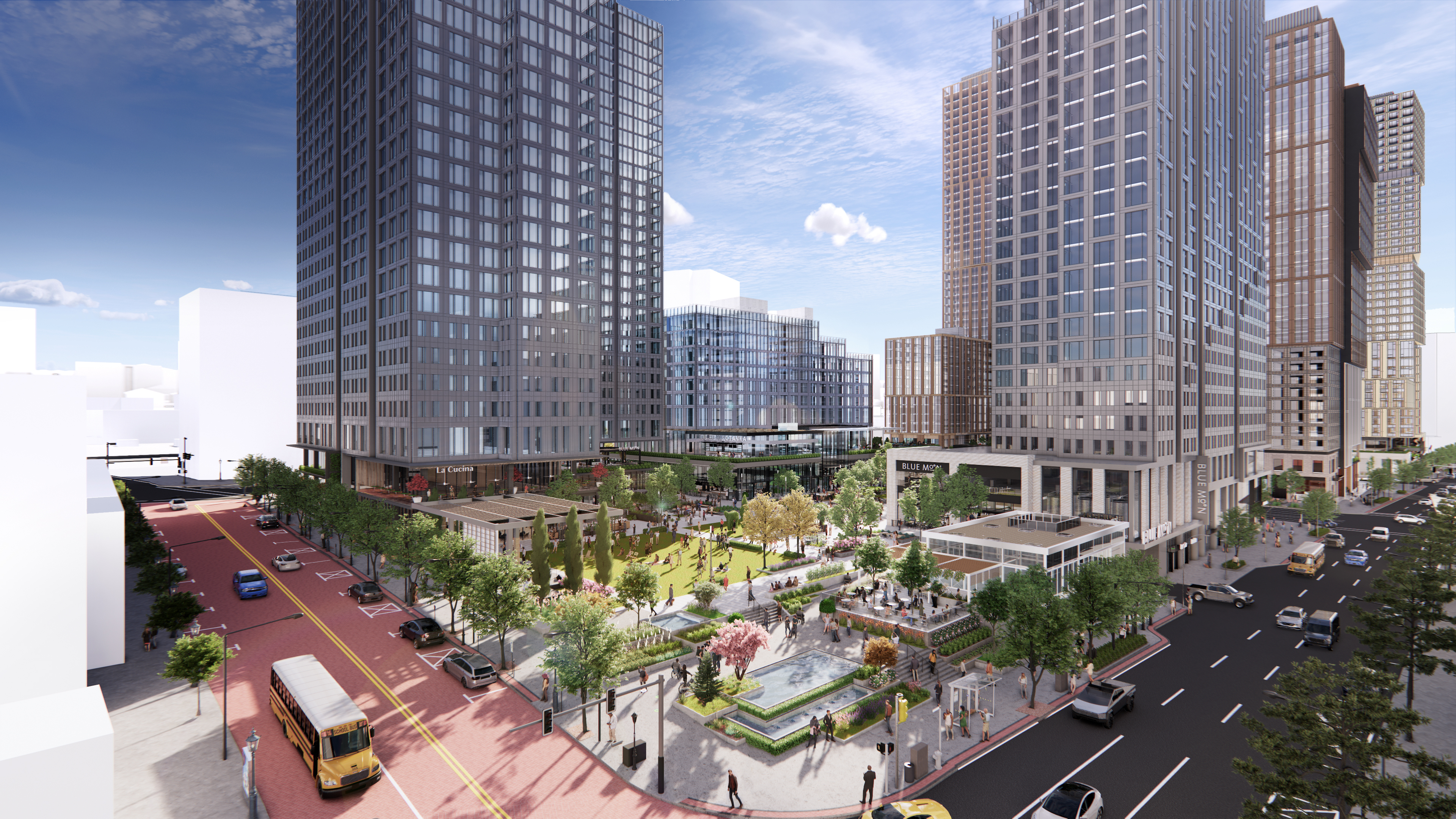 The 44-year-old enclosed Galleria mall in White Plains, New York, is slated to be transformed into District Galleria, with seven residential towers of varied heights and up to 3,400 apartments proposed. (Pacific Retail Capital Partners)