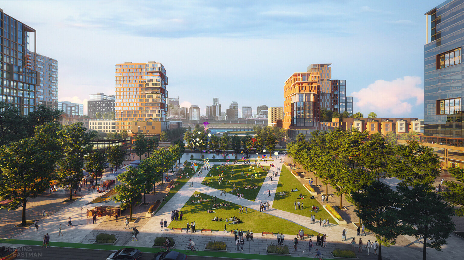Nashville is looking to develop a site next to the new Tennessee Titans football stadium into a mixed-use project with parks on a walkable street grid. (Perkins Eastman)