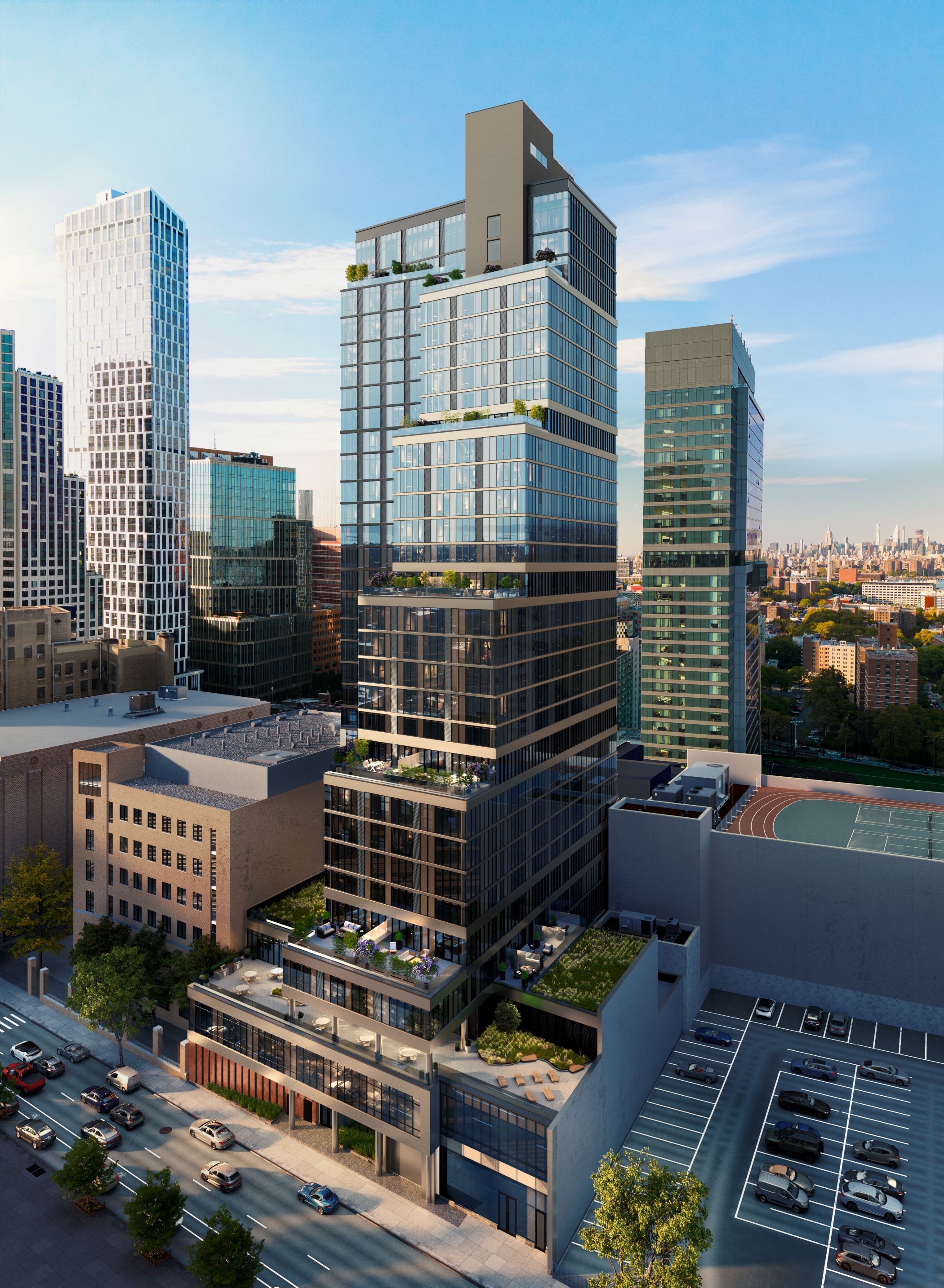 A mixed-use residential tower at 89 DeKalb Ave. in downtown Brooklyn, depicted in a rendering, just topped out. (RXR)