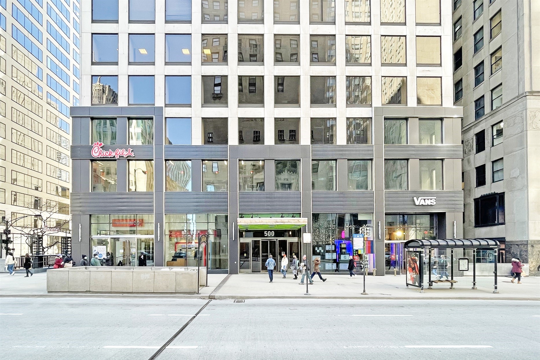 Retail space at 500 N. Michigan Ave. in Chicago, leased to Bank of America, Chick-fil-A and Vans, is for sale. (CBRE)