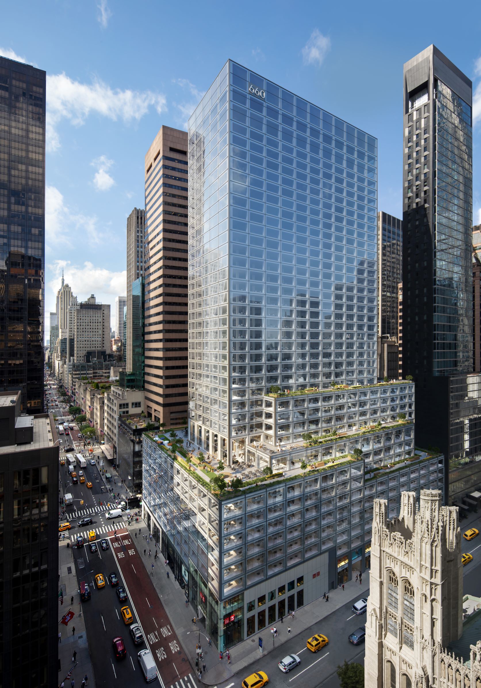 In Manhattan, 660 Fifth Ave., depicted in rendering, is undergoing a $400 million renovation. (CoStar) 