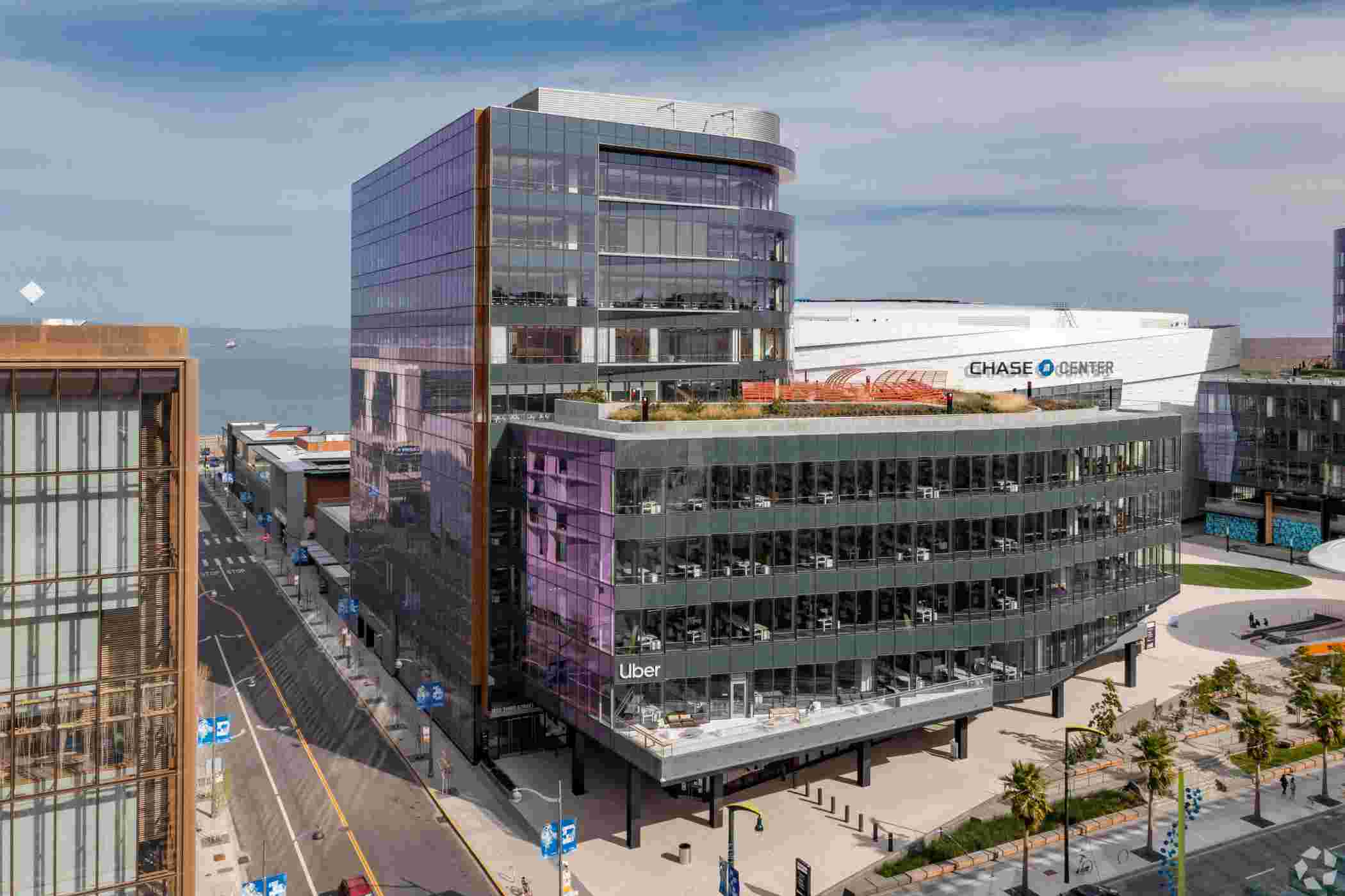 Uber's global headquarters occupy the office buildings next to San Francisco's Chase Center.  (CoStar) 