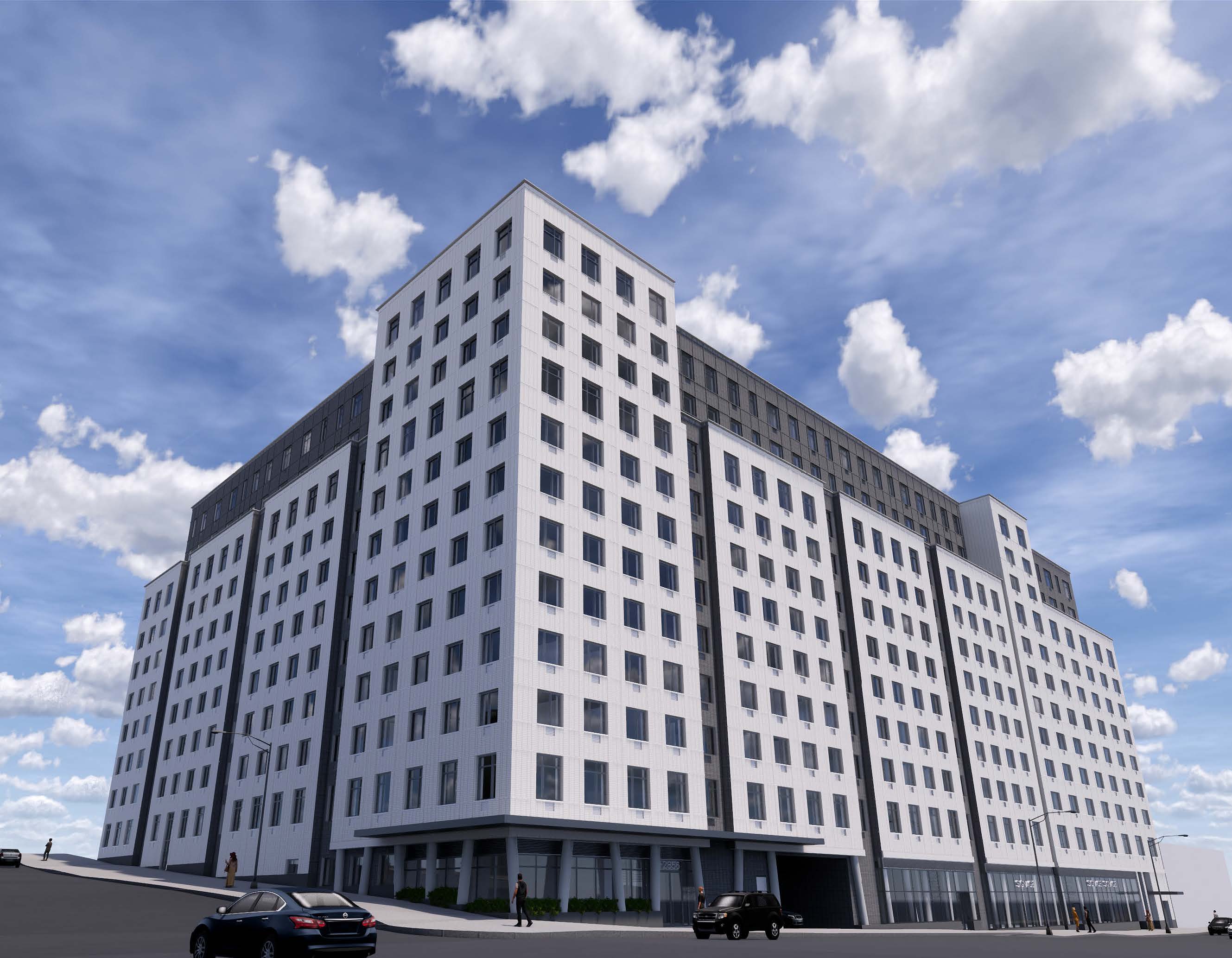 A mixed-use affordable housing development at 2868 Webster Ave., depicted in a rendering, has closed $190 million in construction financing. (Stephen B. Jacobs Group)