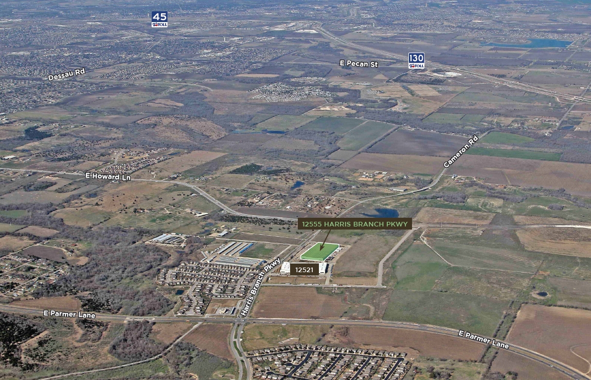 Aerial view of Parmer Lane and Harris Branch Parkway, where a 1.7 million-square-foot industrial park will be built by a joint venture between Hines and The Galesi Group. (CoStar)