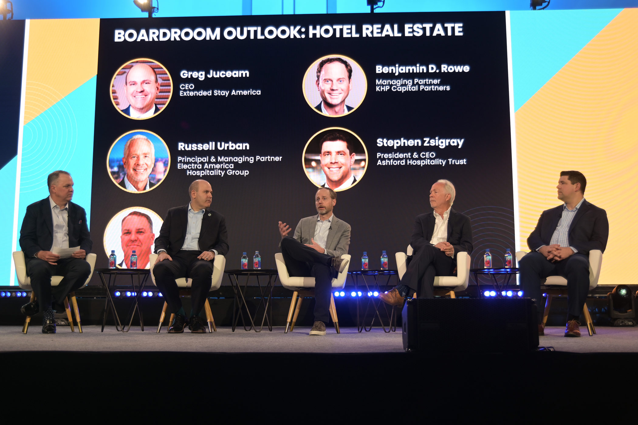 From left: CBRE's Bill Grice, Extended Stay America's Greg Juceam, KHP Capital Partners' Benjamin Rowe, Electra America Hospitality Group's Russell Urban and Ashford Hospitality Trust's Stephen Zsigray speak at the 2025 Americas Lodging Investment Summit. (The BHN Group)
