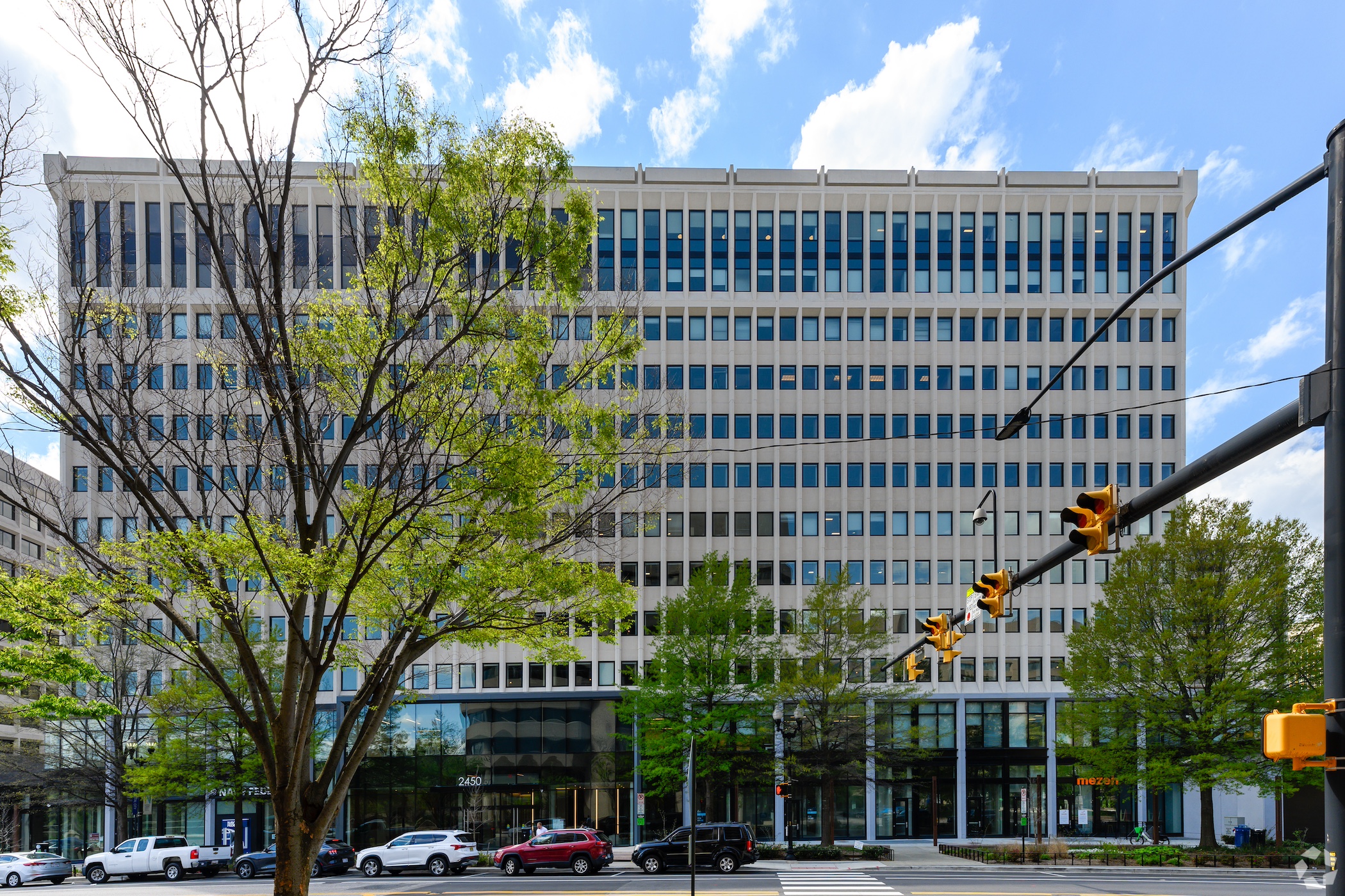 The office building at 2450 Crystal Drive in Arlington, Virginia, is one of two recently renovated properties that make up the Crystal & Clark complex. (CoStar) 