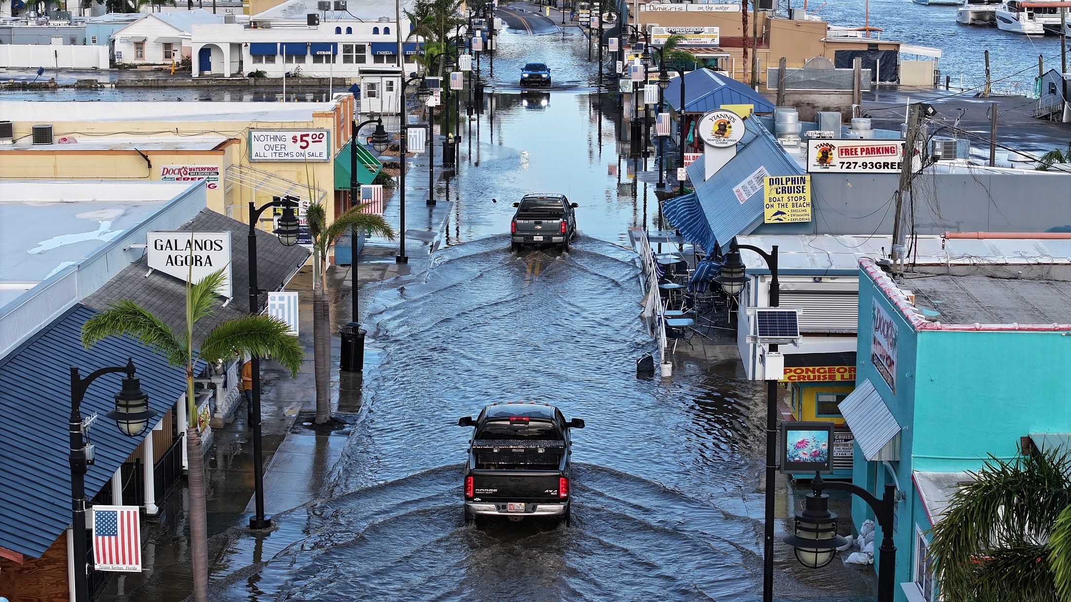 The main street of Tarpon Springs, Florida, was among areas in multiple states hit hard by heavy rains and other fallout from Hurricane Helene. (Joe Raedle/Getty Images)