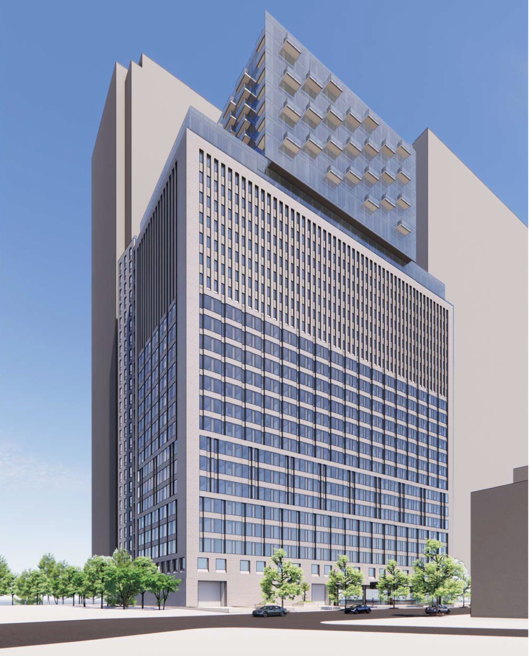 Owners of 25 Water St. in lower Manhattan have landed a $536 million loan to redevelop the office building into a 1,300-unit rental building, depicted in a rendering. (CetraRuddy) 