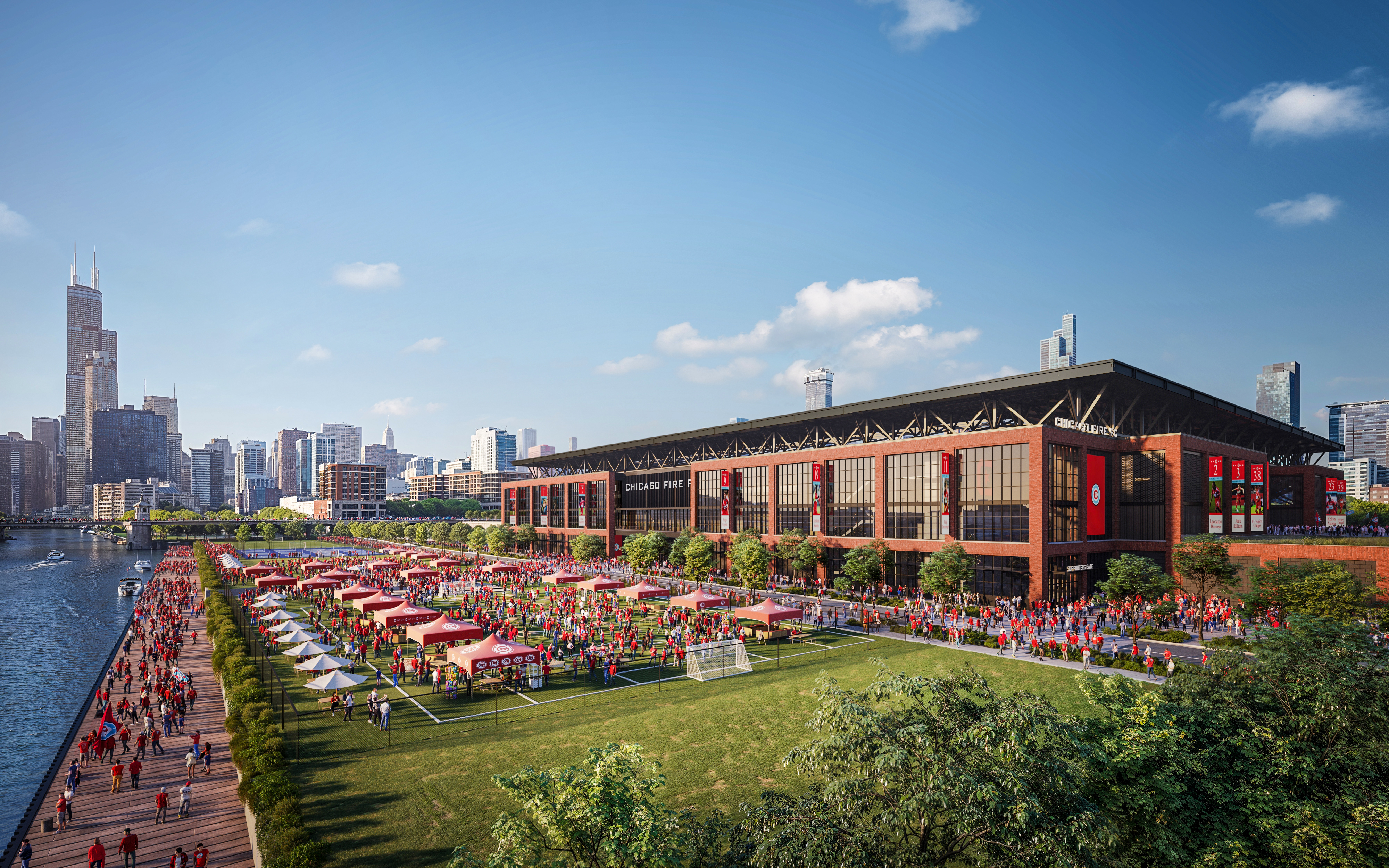 A 22,000-seat soccer stadium for the Chicago Fire is planned within Related Midwest's broader development, called The 78. (Chicago Fire and Gensler)
