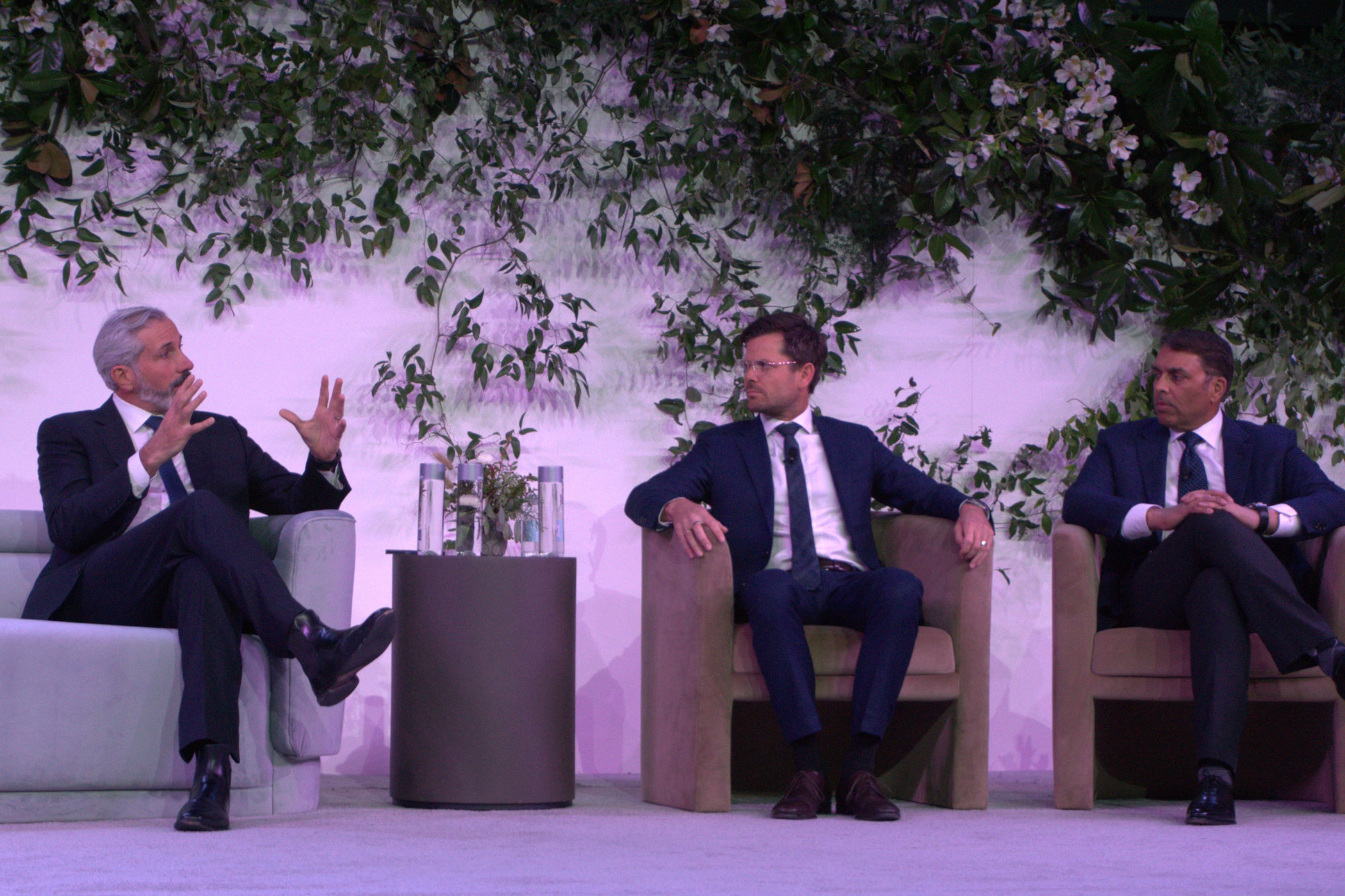 From left, Shai Zelering of Brookfield, Scott Trebilco of Blackstone and Mit Shah of Noble Investment Group discuss their company strategies for 2024 at the 2024 Hunter Hotel Investment Conference in Atlanta. (Trevor Simpson) 