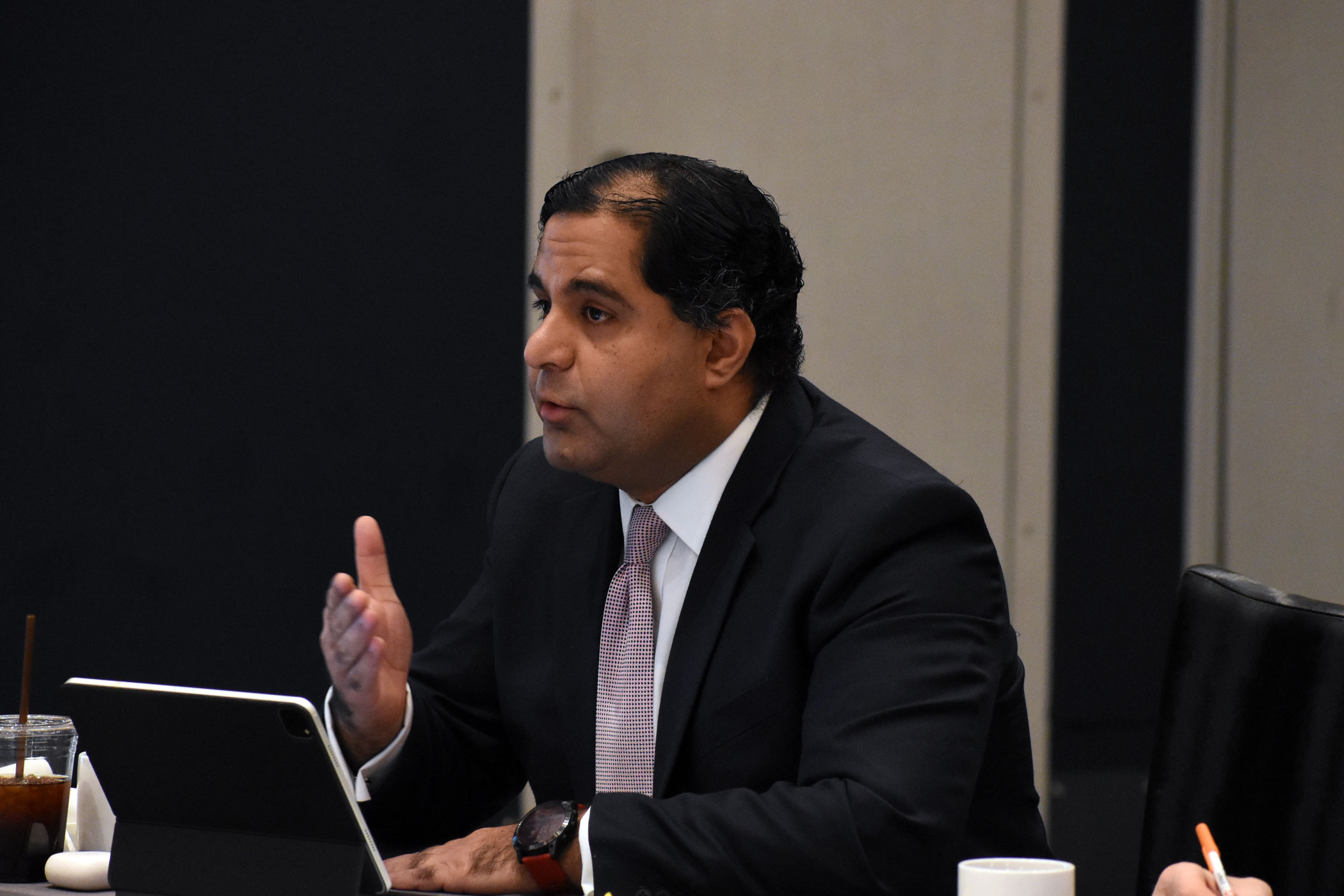 Romy Bhojwani, director of hospitality market analytics, Northeast and Midwest, at CoStar Group, discusses transaction volume predictions at the Lodging Industry Investment Council private roundtable in Los Angeles on Jan. 23. (Bryan Wroten)