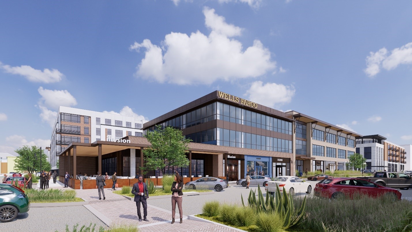 The Offices at Clearfork, a three-story office and retail building in Fort Worth, Texas, is mostly leased by Wells Fargo. (Simon Property Group)