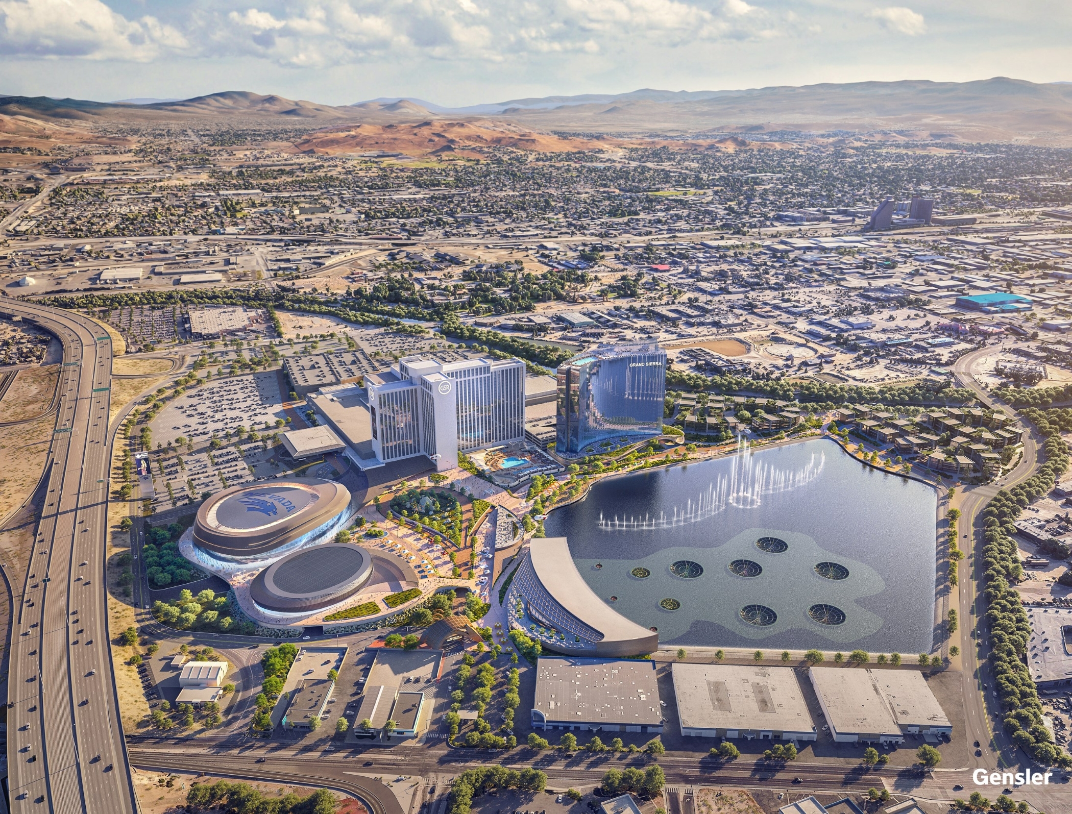 Developers are planning a mixed-use project in Reno, Nevada, that includes a hotel, apartments, water features and a 10,000-seat sports and entertainment venue. (Grand Sierra Resort/Gensler)