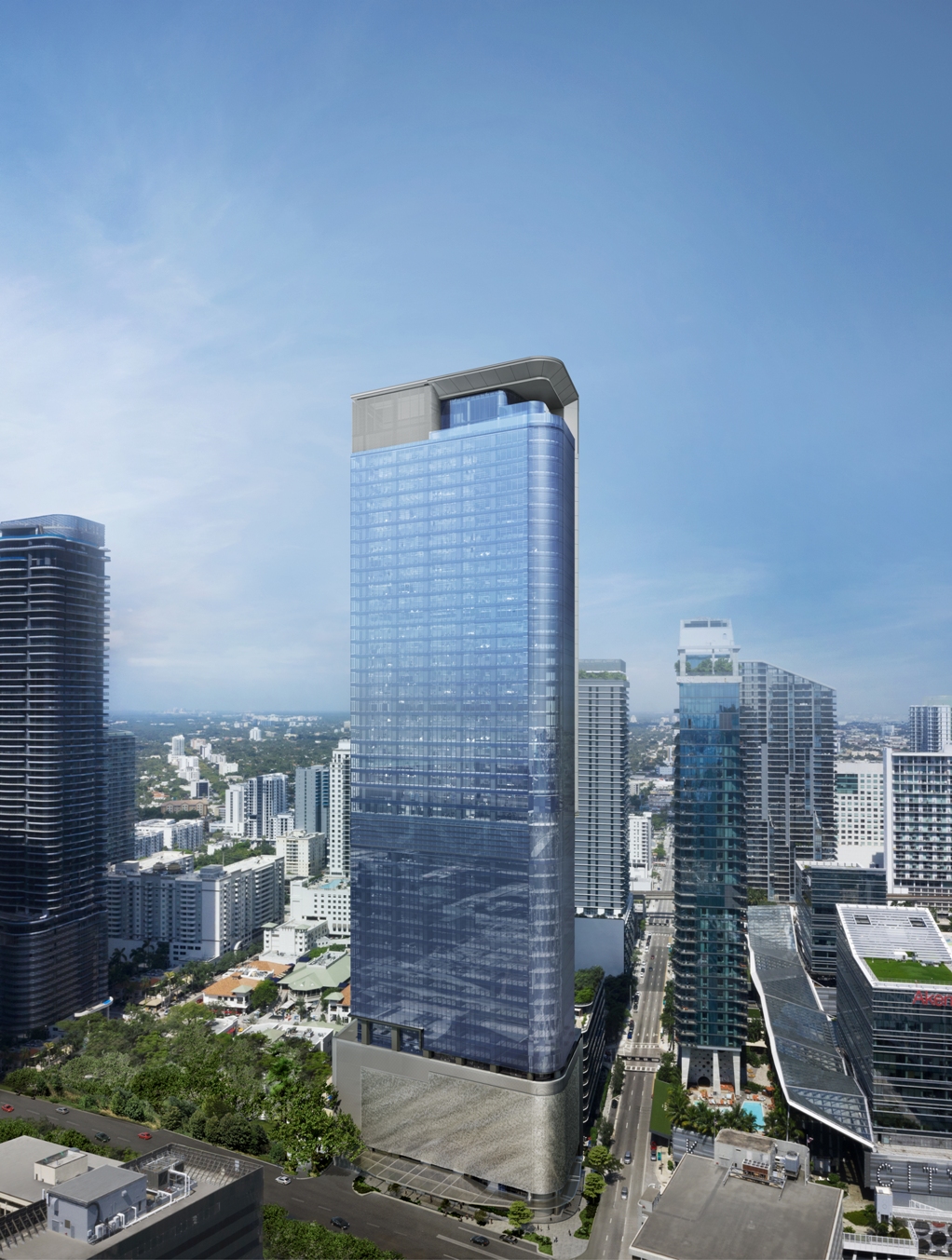 Kirkland & Ellis has leased 115,000 square feet at 830 Brickell, a 55-story office tower set to open early next year in Miami’s Brickell financial district. (OKO Group and Cain International)