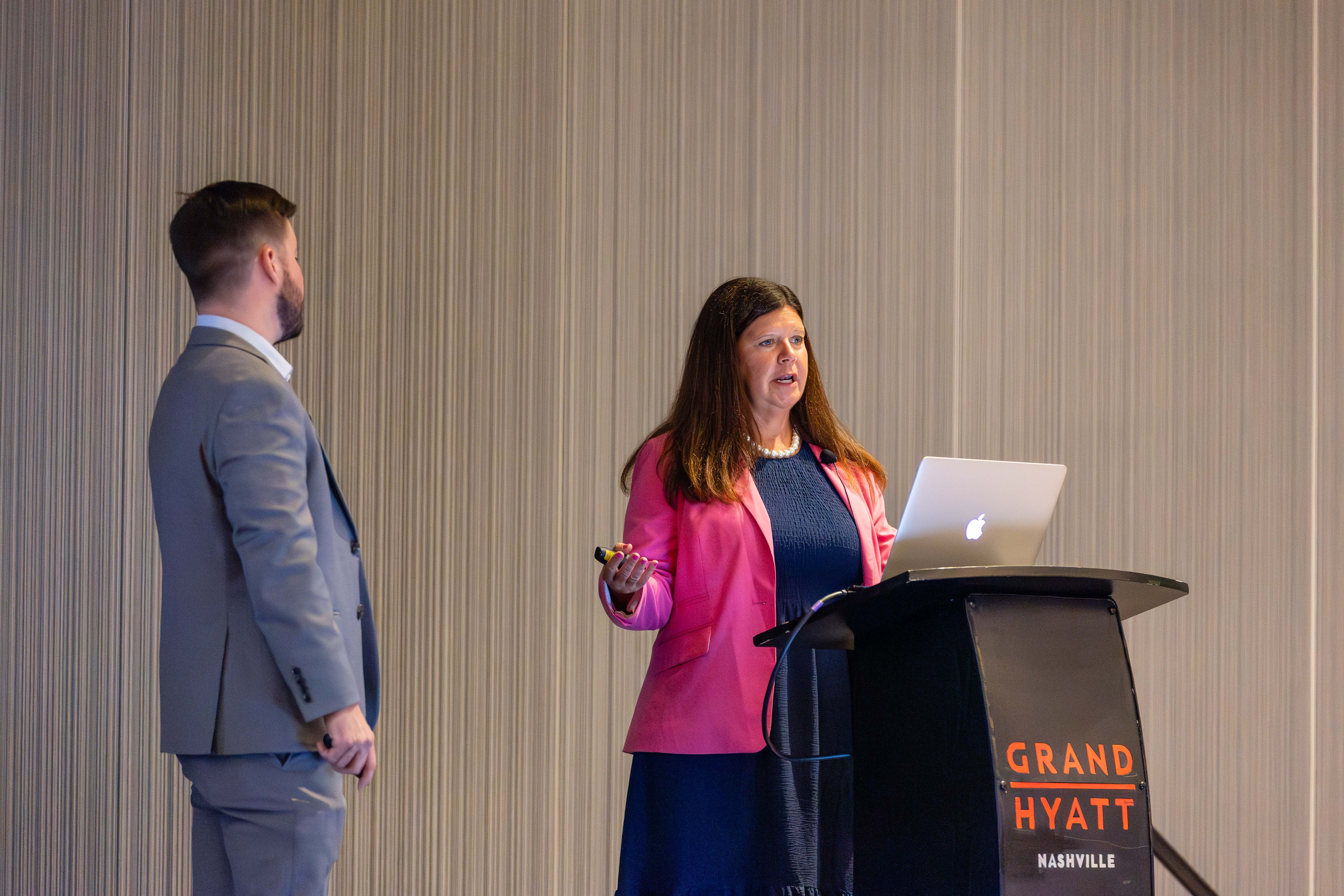 STR's Brannan Doyle (left) and Marcus Hotels & Resorts' Linda Gulrajani speak during the 
