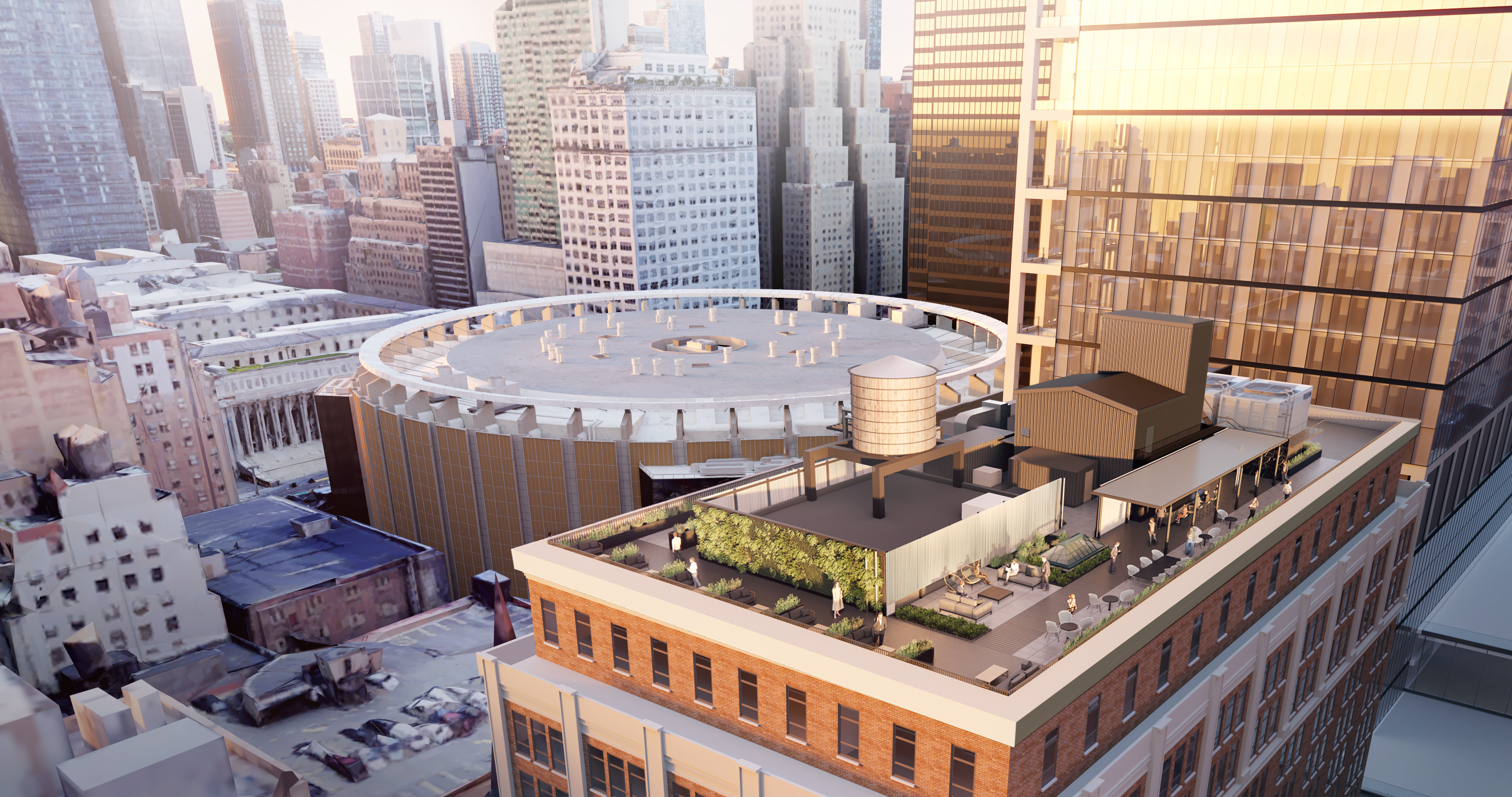 7 Penn Plaza’s overhaul will include a new rooftop, depicted in a rendering, overlooking Madison Square Garden. (The Feil Organization) 