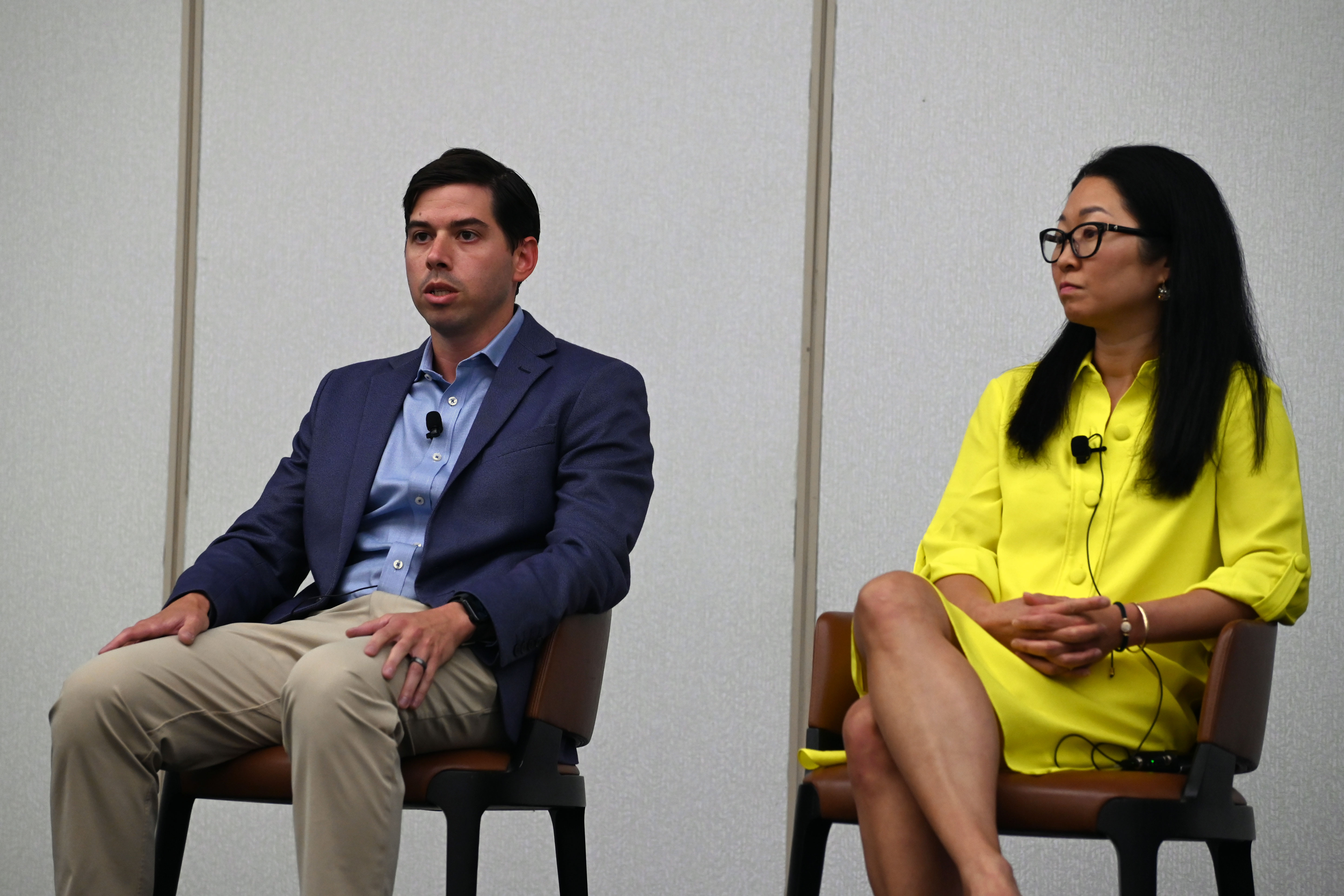 Jared Schlosser, of Peachtree Group, left, speaks about the hotel lending environment alongside Linda Yau of Pebblebrook Hotel Trust at the 2024 ALIS Summer Update in Washington, D.C. (Bryan Wroten)