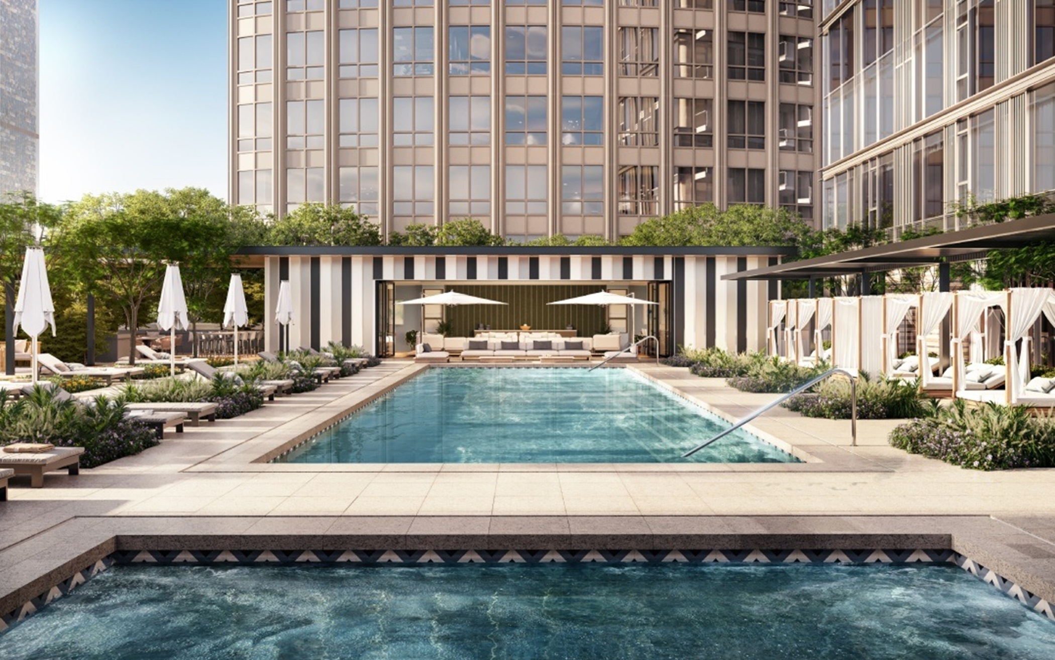 A rendering shows the plans for Figueroa Eight's pools and sun deck. (Mitsui Fudosan/Johnson Fain)