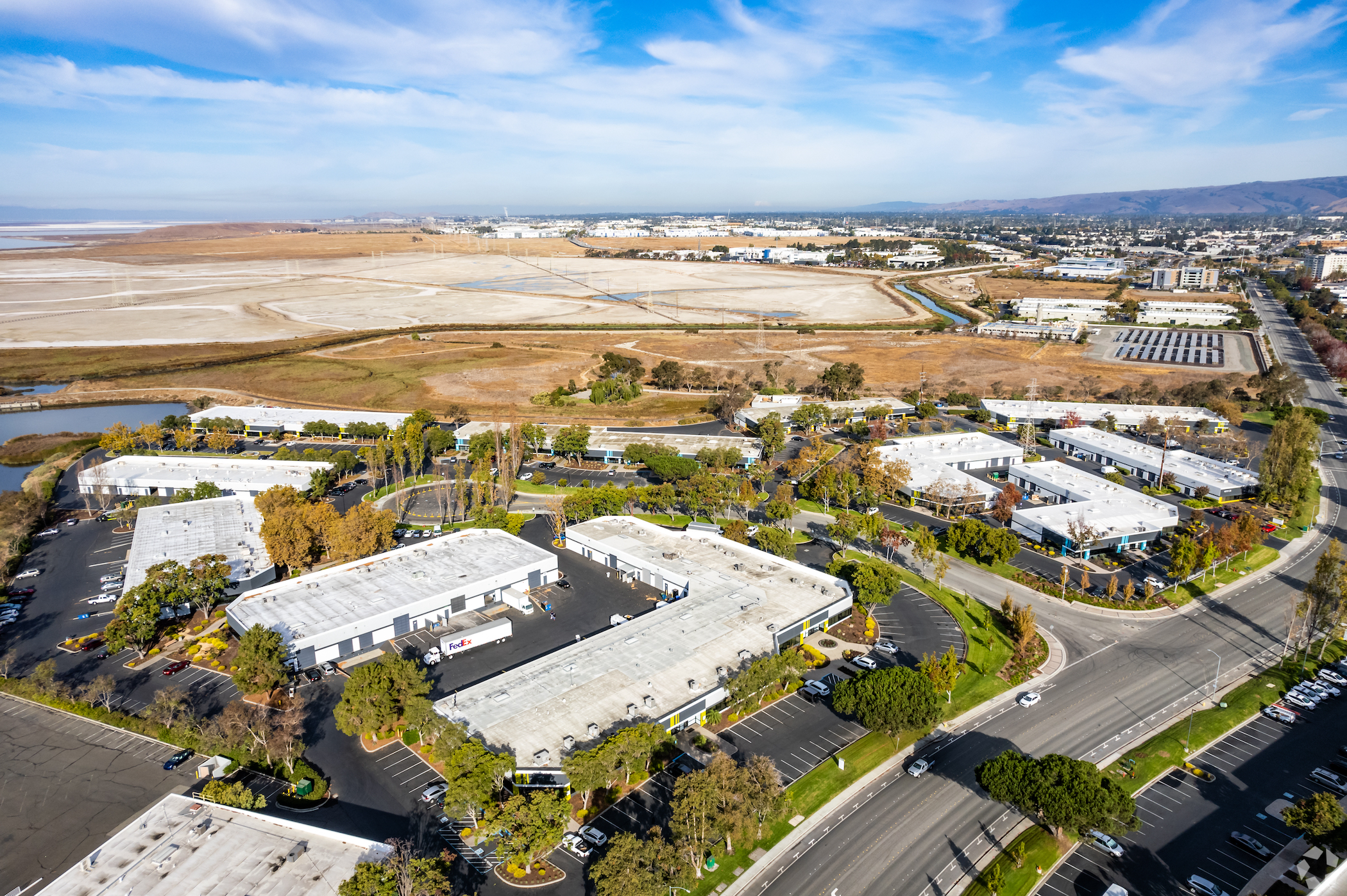 The 14-building Clipper Court Commerce Center in Fremont, California, is leased to high-profile tenants such as Hyundai and Adaptive Technologies. (CoStar) 