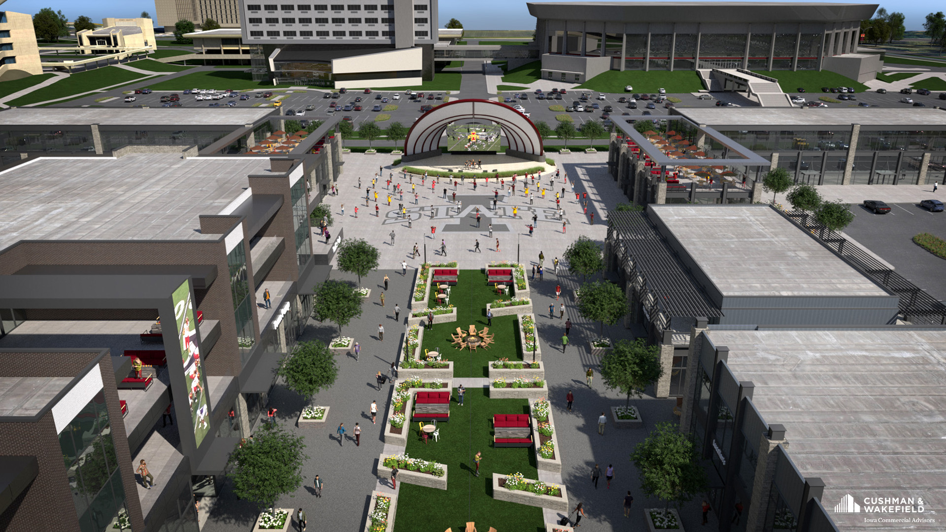 A rendering shows the planned 94-acre CyTown entertainment district at Iowa State University in Ames, Iowa. (Iowa State University)