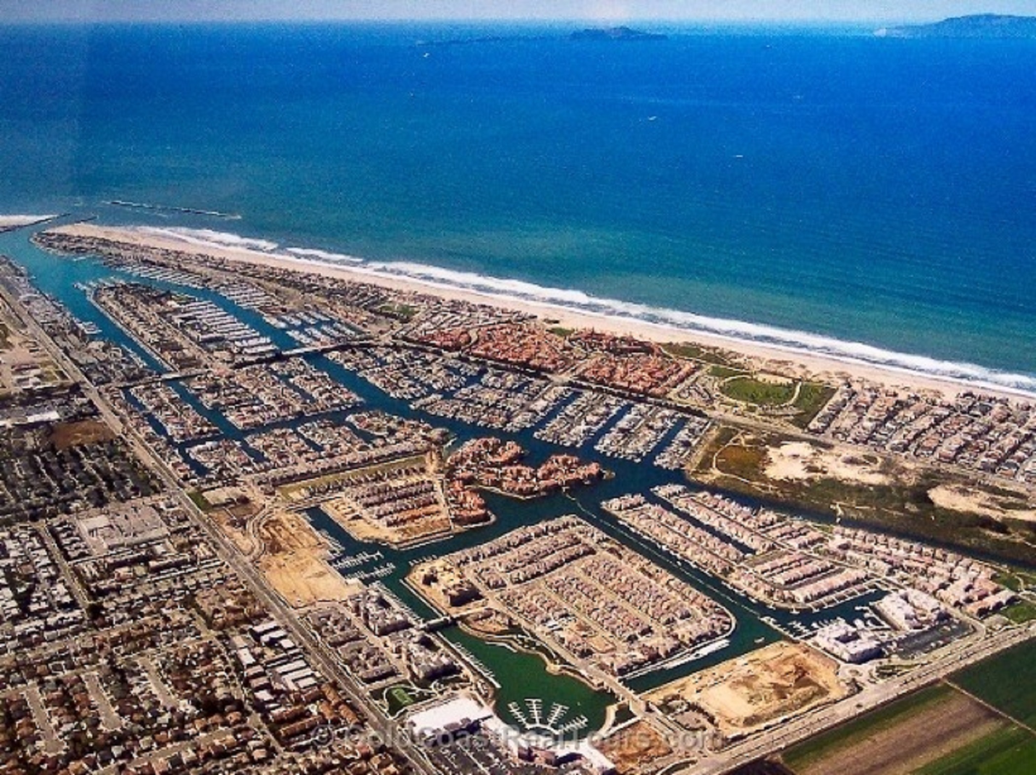Popular boating destination Channel Islands Harbor in Oxnard, California, connects to a 77-acre canal that runs along the Pacific Ocean and is privately owned. (CoStar) 