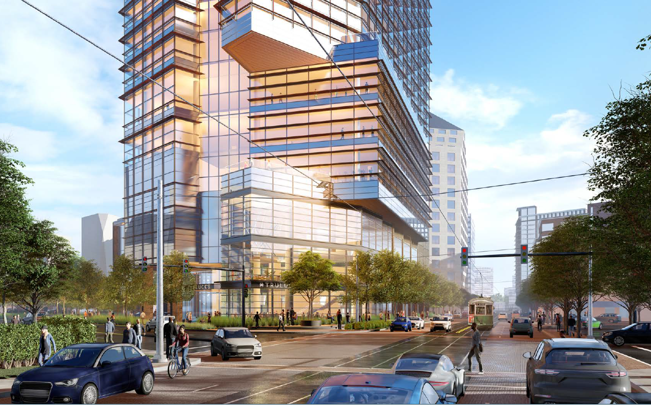 A rendering of CBRE's proposed 27-story office and retail tower at 2401 McKinney Ave. in Dallas. (Oak Lawn Committee, Pickard Chilton-HKS)