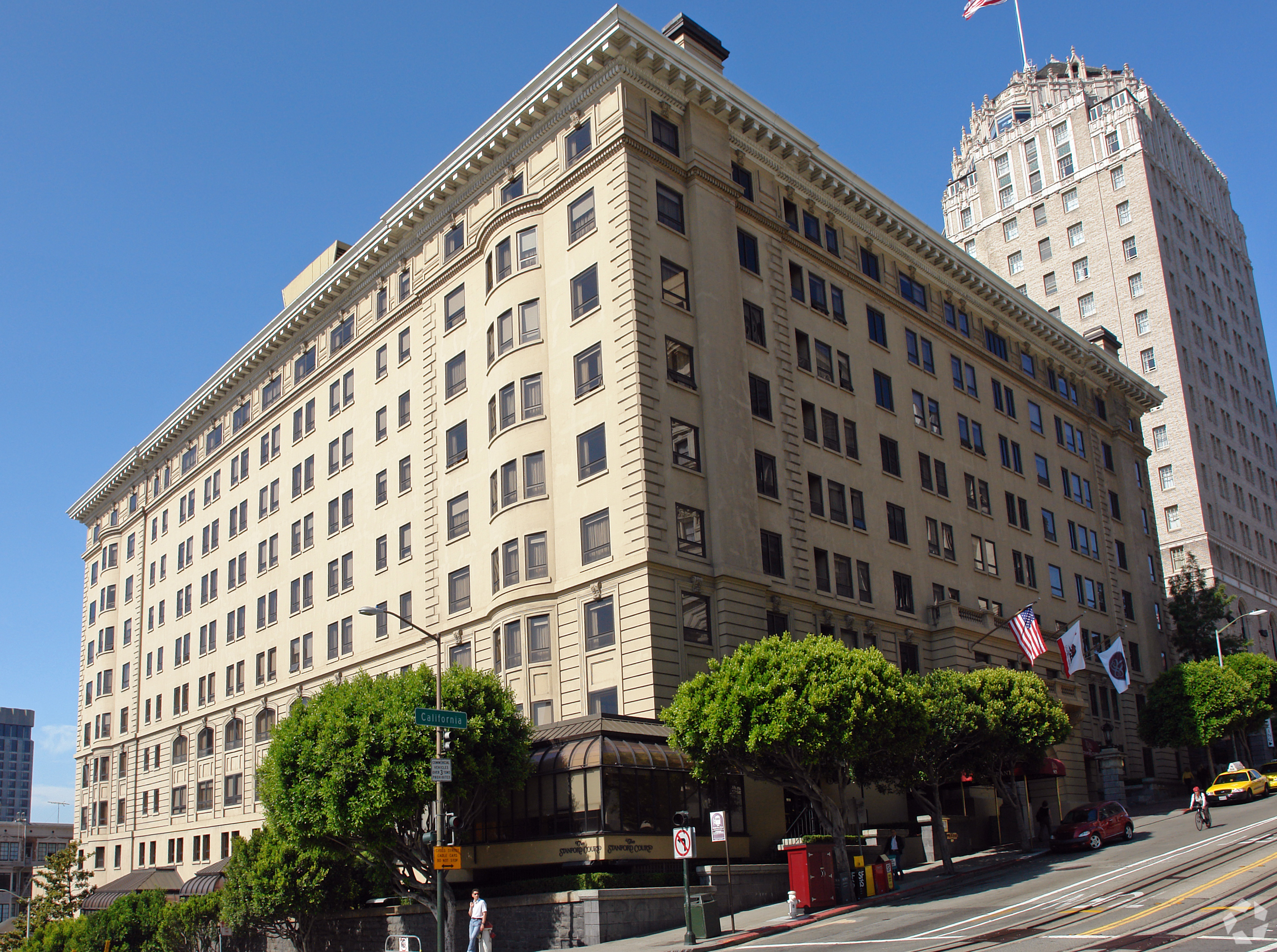 The Stanford Court Hotel on San Francisco's Nob Hill is one of many hotels in the city to run into problems with its lenders as the hospitality sector continues to struggle. (CoStar)  