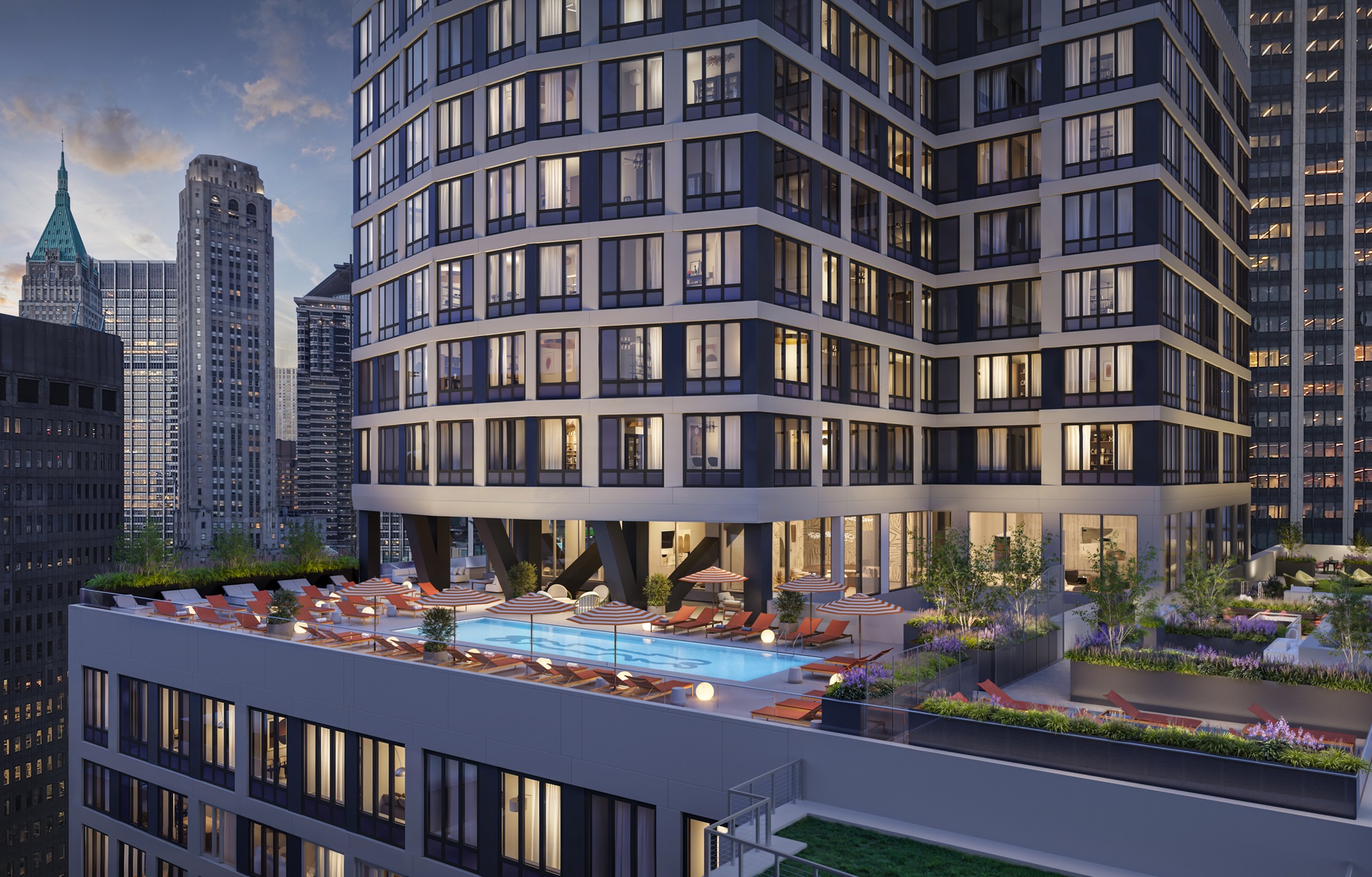 Outdoor swimming pools and courtyard decks are featured in the SoMa office-to-residential conversion. (Streetsense)