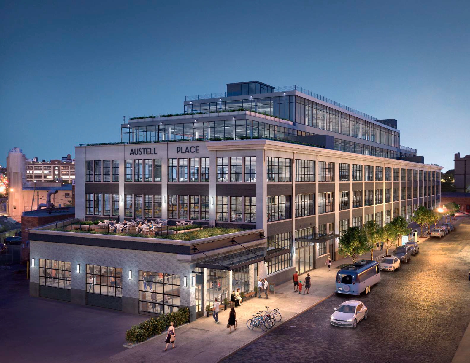 The newly renovated Austell Place office property in New York’s Long Island City will be used to house nearly 1,000 migrants. (CoStar)