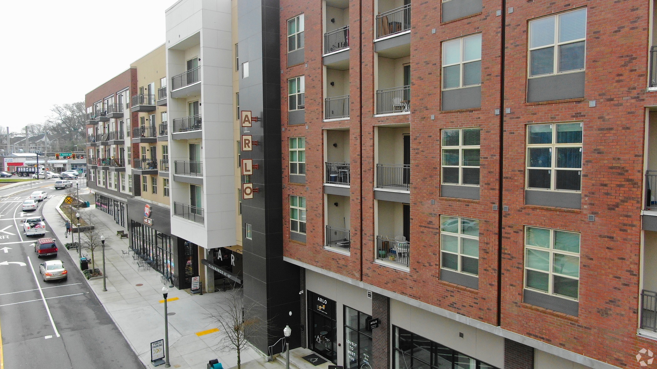 The Arlo apartment building in Decatur, Georgia, includes a Dairy Queen on the ground floor. (CoStar)