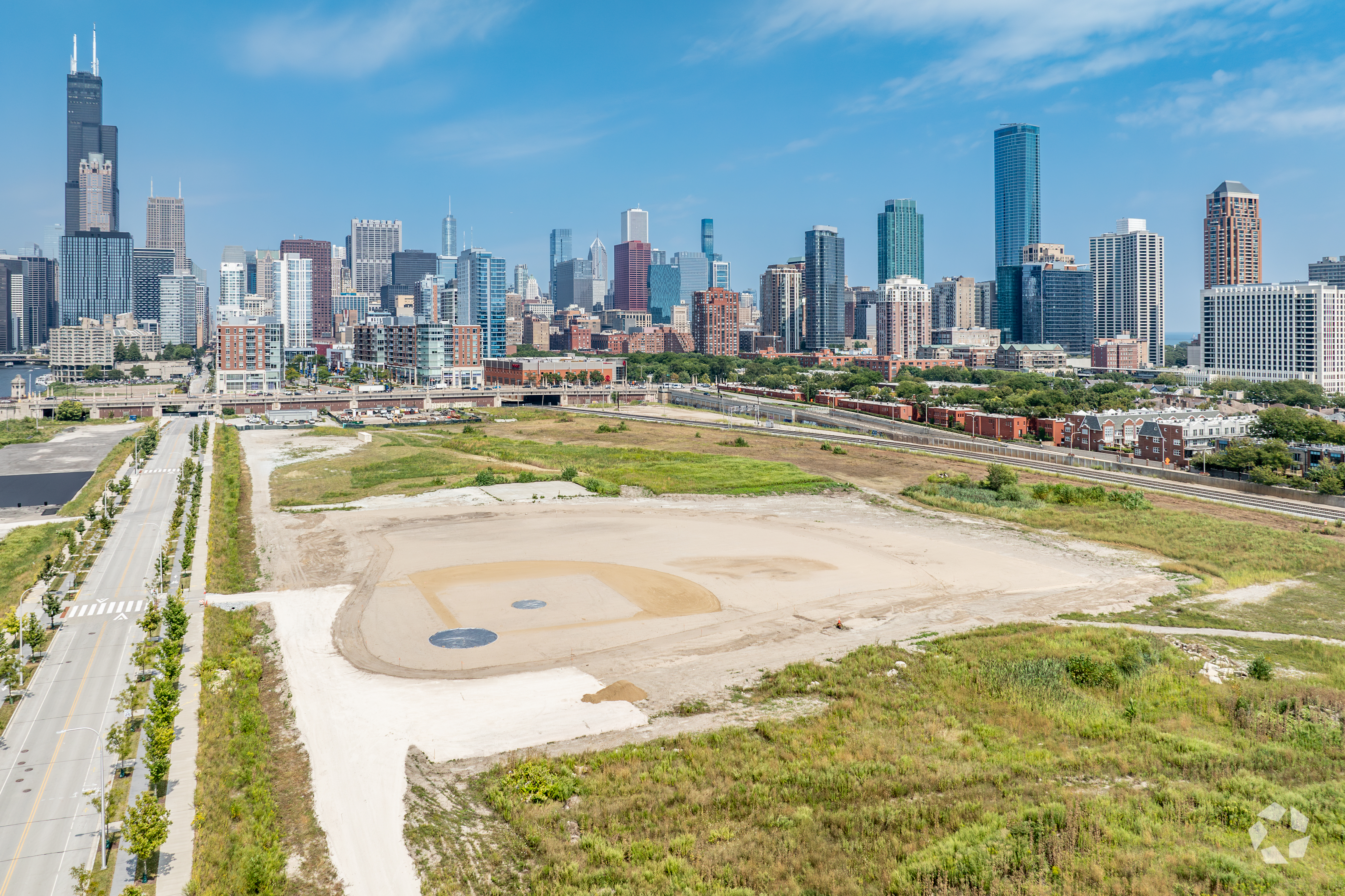 Outlines of a baseball field have mysteriously appeared at The 78, the site along the Chicago River where developer Related Midwest has proposed a new White Sox ballpark. (Robert Gigliotti/CoStar)