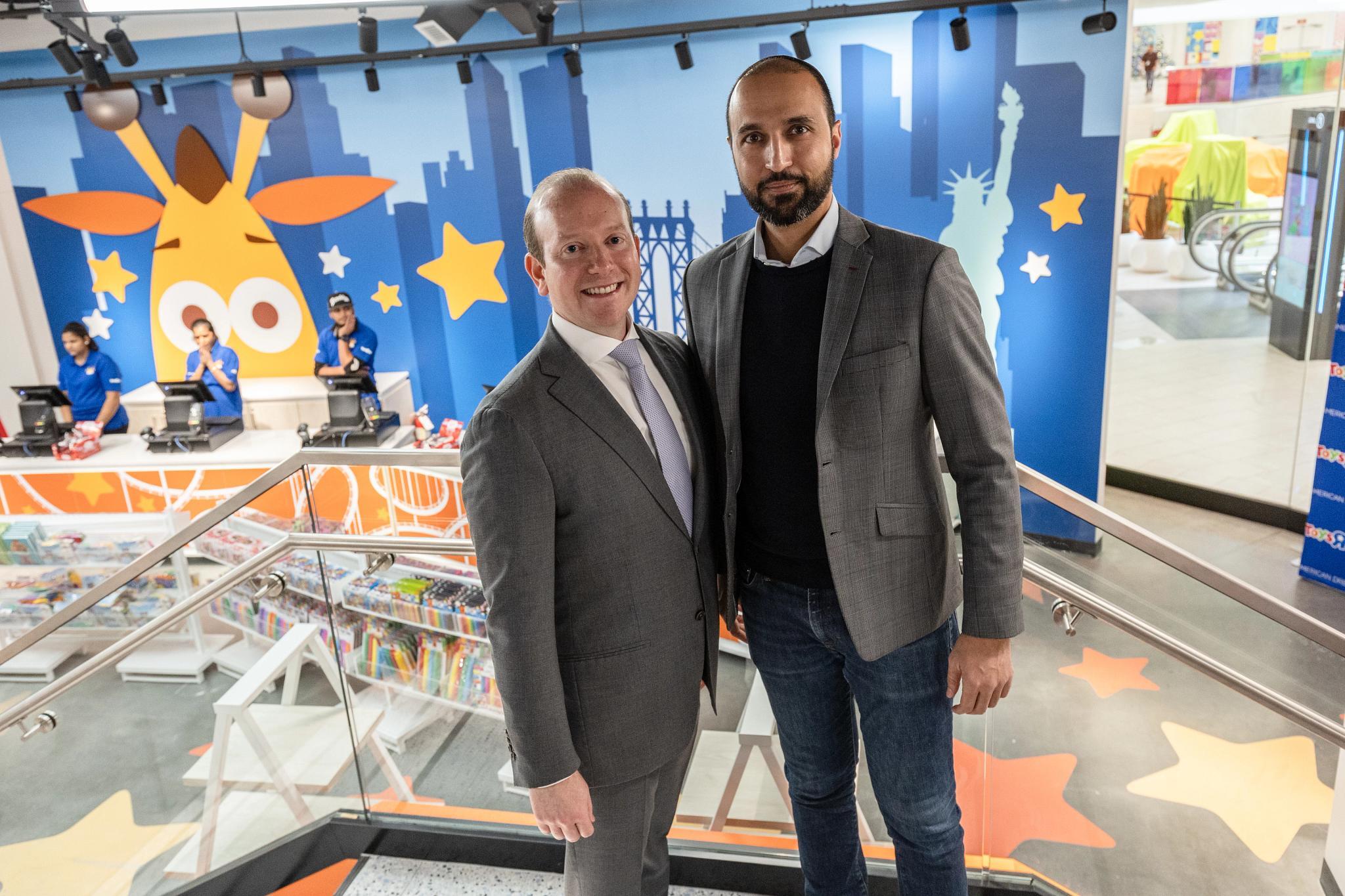 Yehuda Shmidman, left, chairman and CEO of WHP Global, with Paul Ghermezian of mall owner Triple Five at the new Toys R Us store at the American Dream megamall in New Jersey last year. (James Leynse/CoStar)