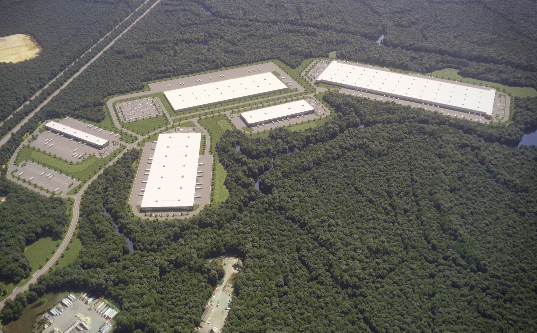 Aerial rendering of the New Kent Logistics Center park. The image also includes the AutoZone distribution center, pictured back center. (Matan Cos.)